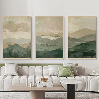 3er Poster Set, Abstrakt Beige grün Kunst Wandbilder Wanddeko, Abstrakt Naturlandschaft Bilder Wohnzimmer, Wandposter Leinwand Bilder ohne Rahme (40x50cm)