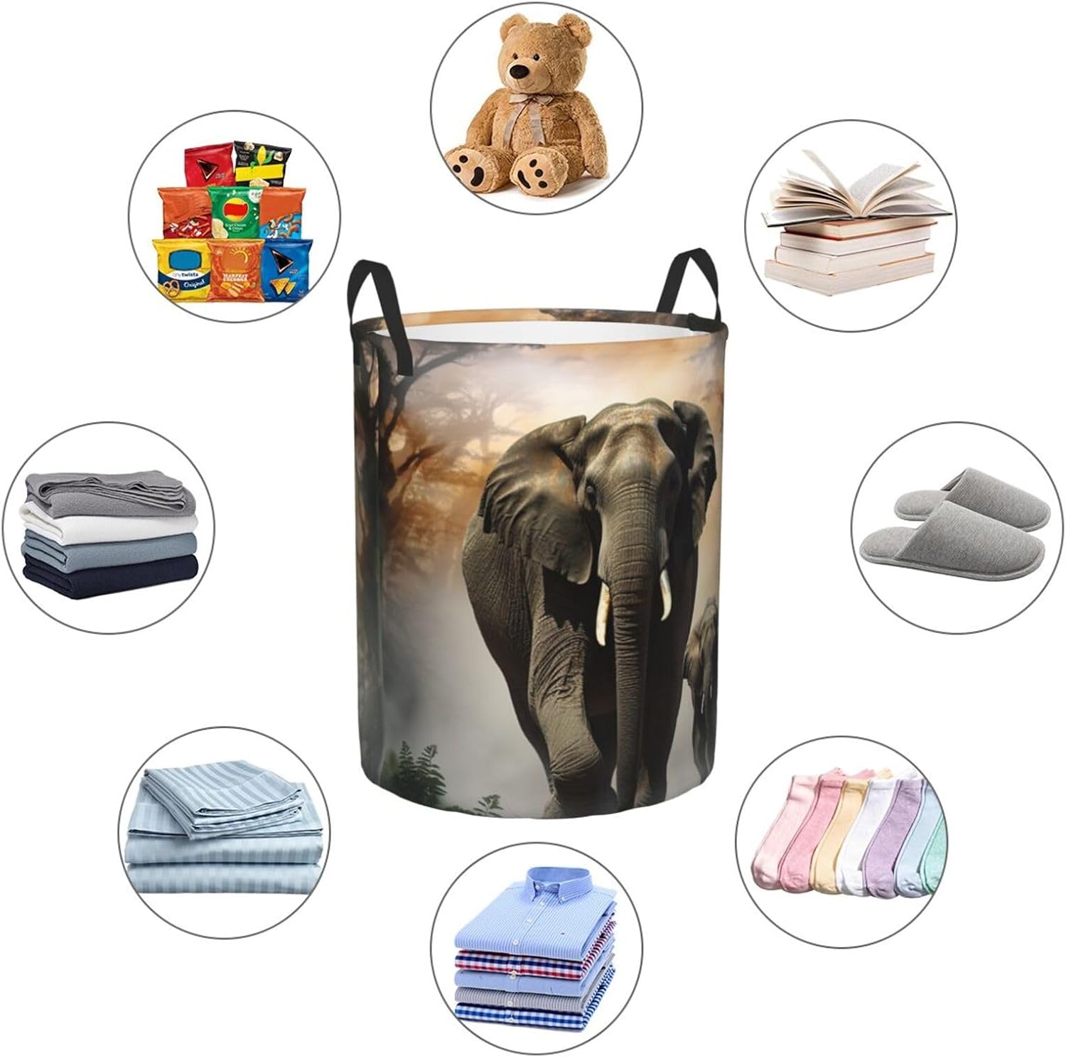 Elephant in the fog Laundry Basket With Handles, Foldable Laundry Hamper Oxford Cloth Dirty Clothes Basket Waterproof Clothes Toys Storage Bin Organizer for Bedroom Bathroom Dorm