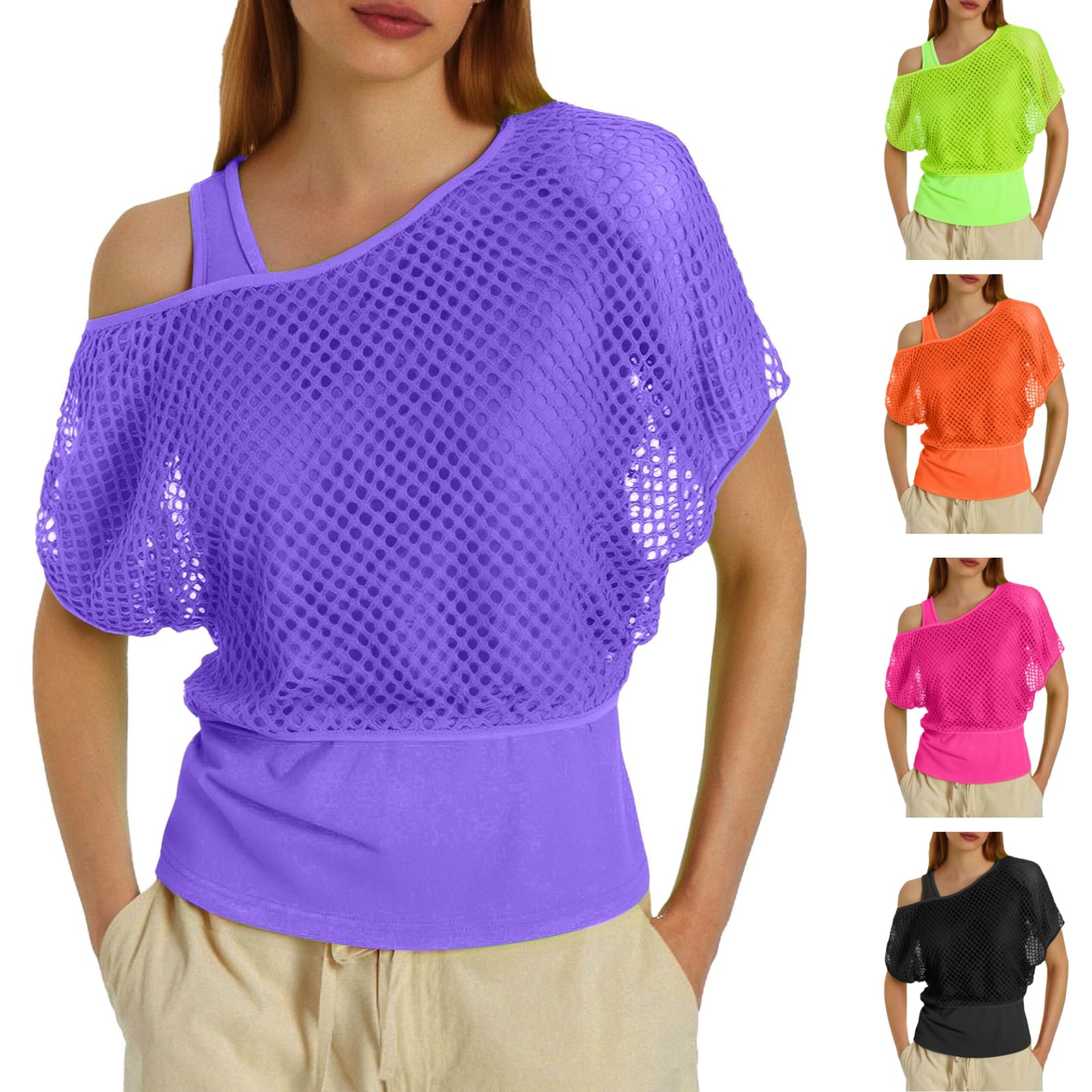 Neon Mesh Top Women's Mesh Top Mesh Shirt Carnival Costume 70s 80s Shirt Short Sleeve Blouse T-Shirt Aerobic Rave Party Top Fancy Dress Theme Party Outfit Fancy Dress Costumes, purple, XXL
