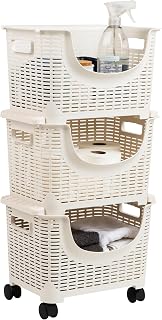 Mind Reader 3-Tier Rolling Storage Cart Organizer - Plastic Utility Cart for Kitchen, Bathroom, Toys, Laundry - Ivory 14.75x11x28.25