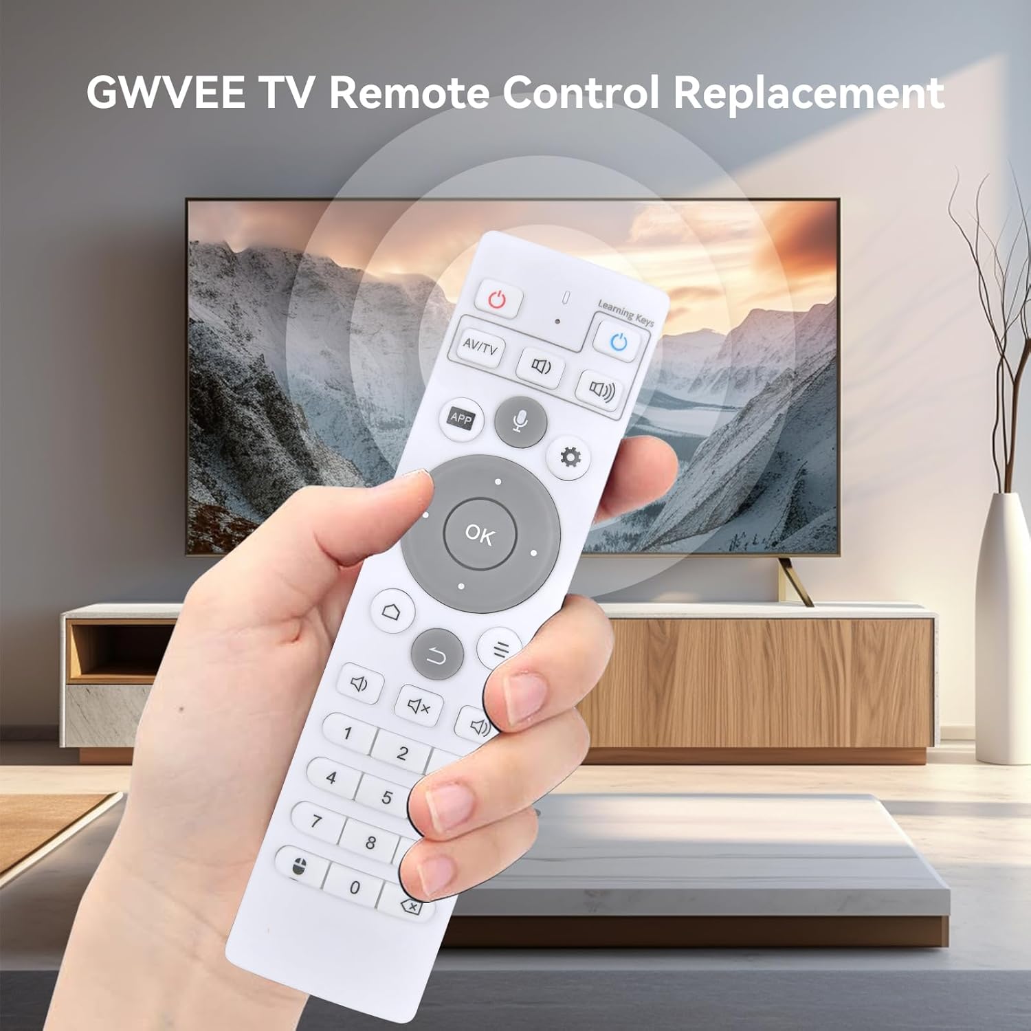 Hand holding GWVEE Replacement Remote Control pointed at a television screen