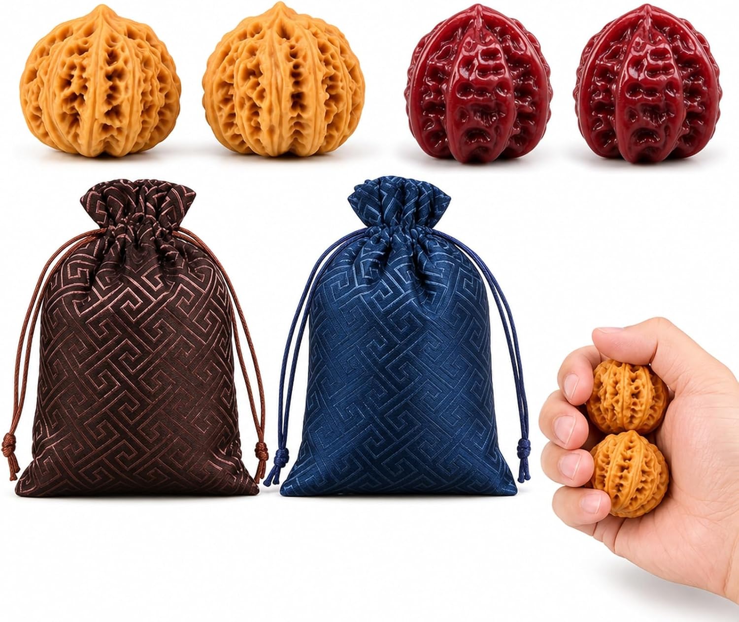 6 PCS Wenwan Walnuts, Yellow Walnut 2, Red Brown Walnut 2, Drawstring Bags 2