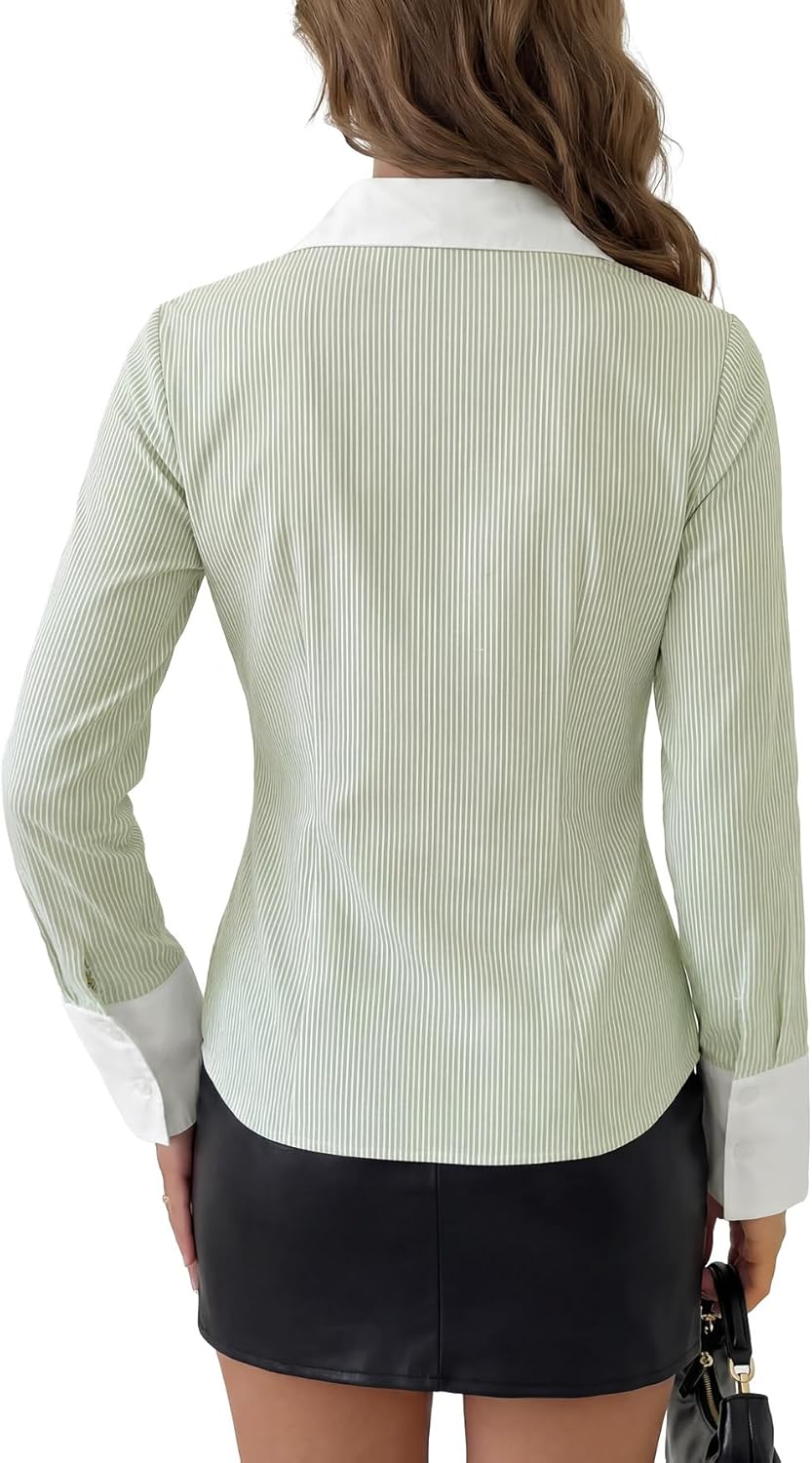 KIFOVEN Women's Striped Button Down Shirts Long Sleeve Patchwork Collar Neck Blouse Tops - Image 5