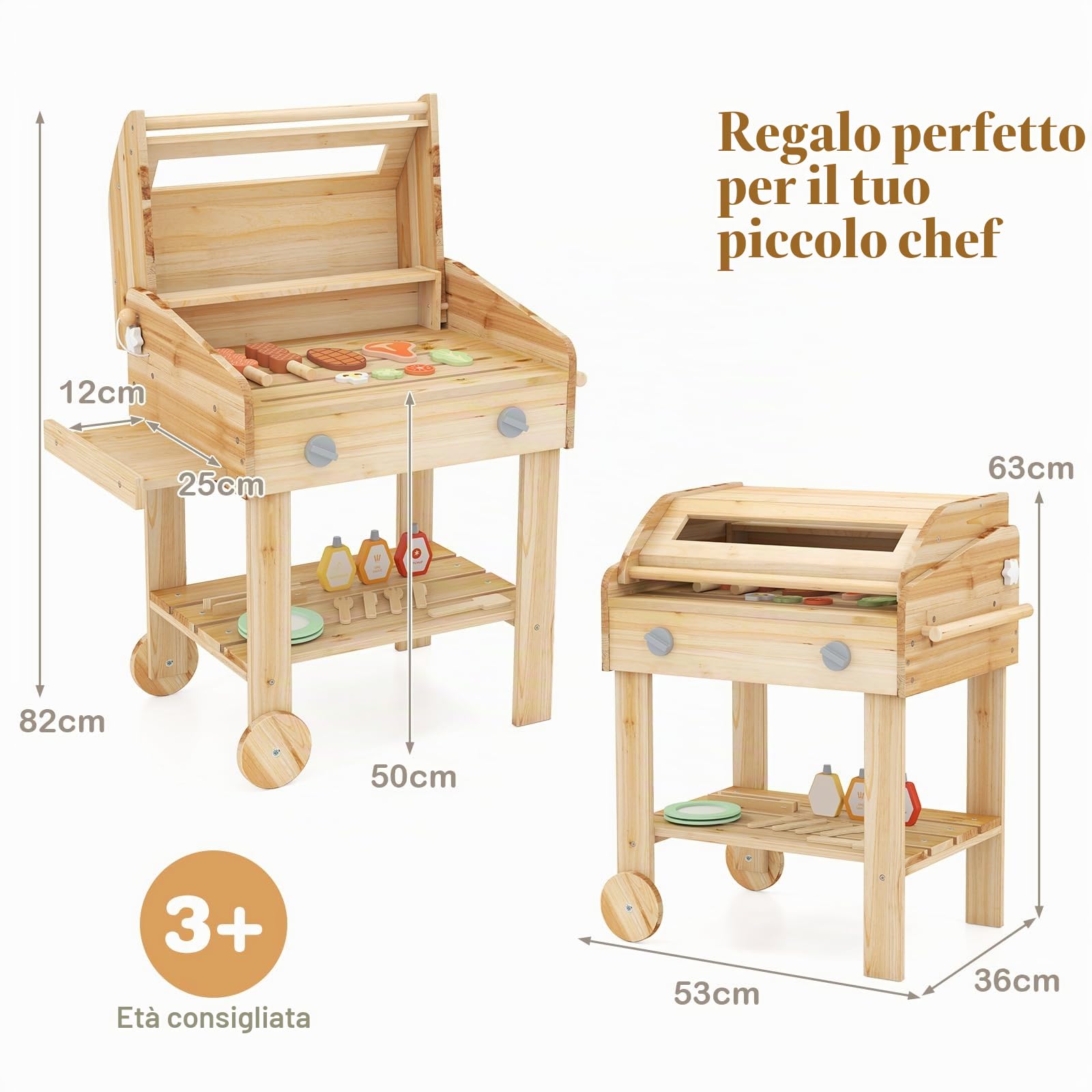 HOMASIS Barbecue Giocattolo per Bambini in Legno, Gioco Griglia Bambini con Utensili da Barbecue e Barattoli di Spezie, Cucina per Bambini dai 3 Anni in su, 53 x 36 x 63 cm, Naturale
