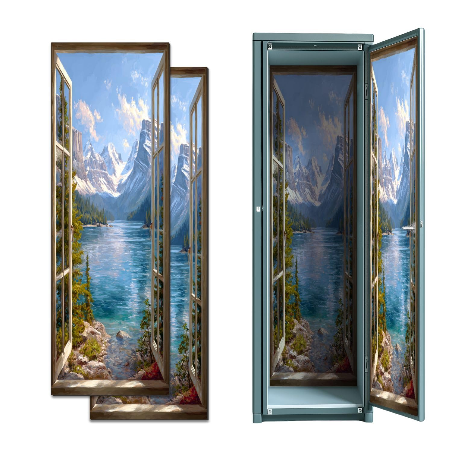 2 Pcs Locker Magnetic Wallpaper Mountain Lake Forest Tree Faux Window Landscape Natural 12" x 36" Wall Magnetic Sticker Removable Locker Accessories Decor Easy Install for Office School