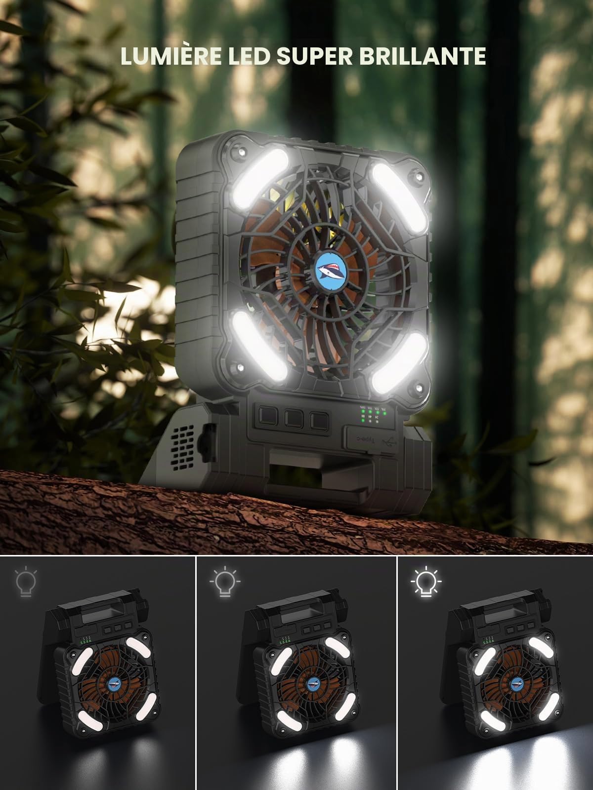 Smiling Shark Ventilateur de Camping avec LED, Portable Ventilateur Extérieur pour Tente avec Lumière USB Rechargeable 90°Pliable 4 Vitesses Solaire Ventiladores de Camping pour Pêche Randonnée Voyage