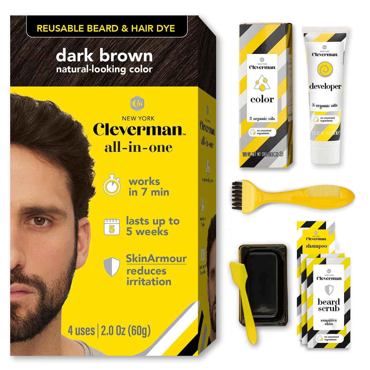 Cleverman Dark Brown Hair & Beard Dye Kit for Men - Natural-Looking Gray Coverage, Professional-Quality, Ammonia-Free for Hair, Beard & Mustache
