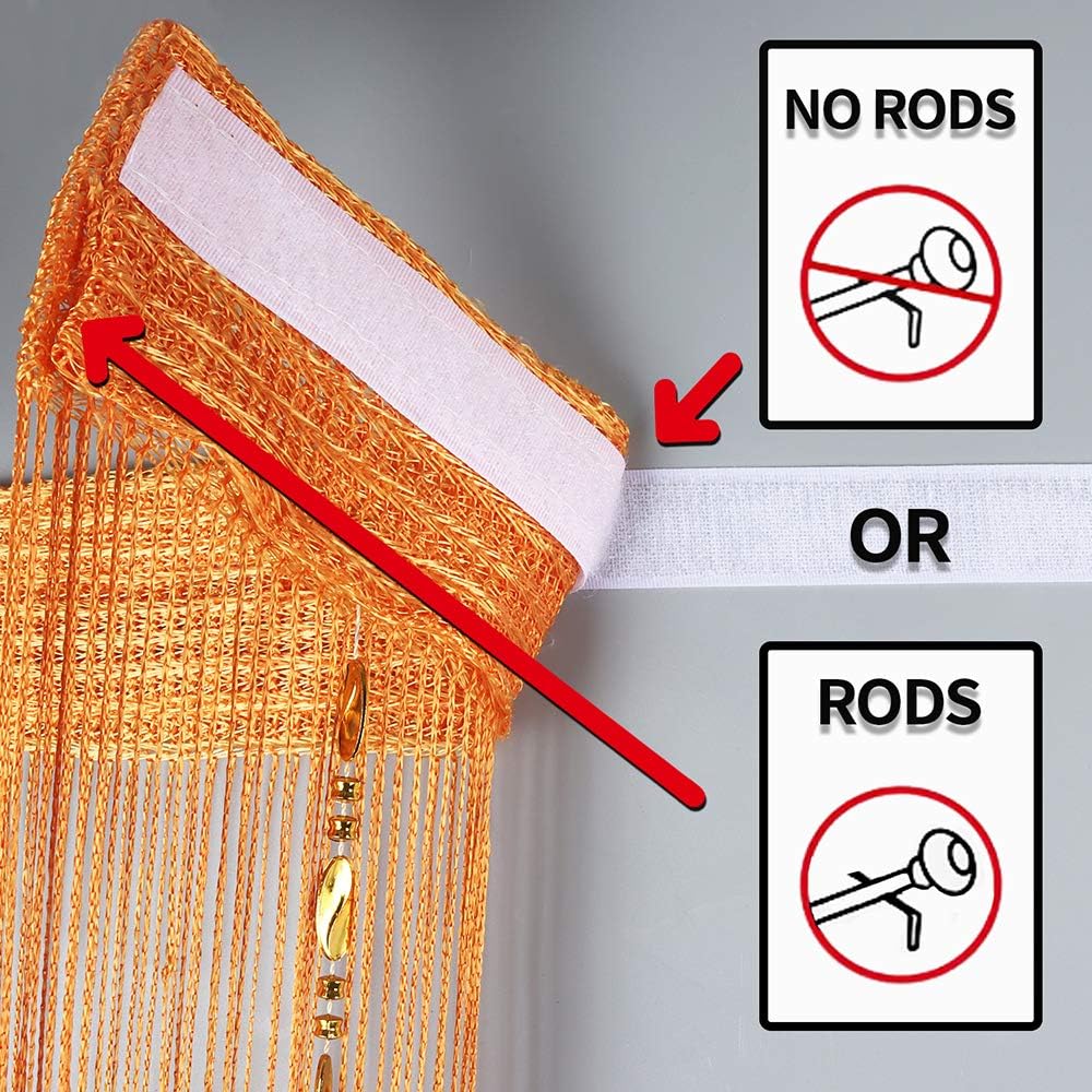 WINSFISH Beaded Curtain Self-Adhesive Door Curtain String Screen Panel Fringe String Curtain String Curtains for Door Wall Window Wedding Coffee House Decorative (Orange, 1)