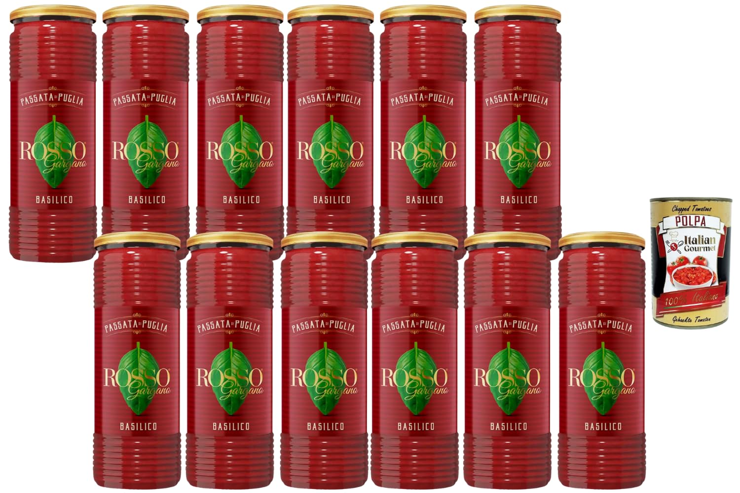 Italian Gourmet Rosso Gargano Passata di Puglia Basilic – Purée de Tomates Italiennes au Basilic – 12 x 690 g, Sauce tomate prête à l’emploi pour pâtes, pizza, lasagnes + Italian Gourmet Polpa