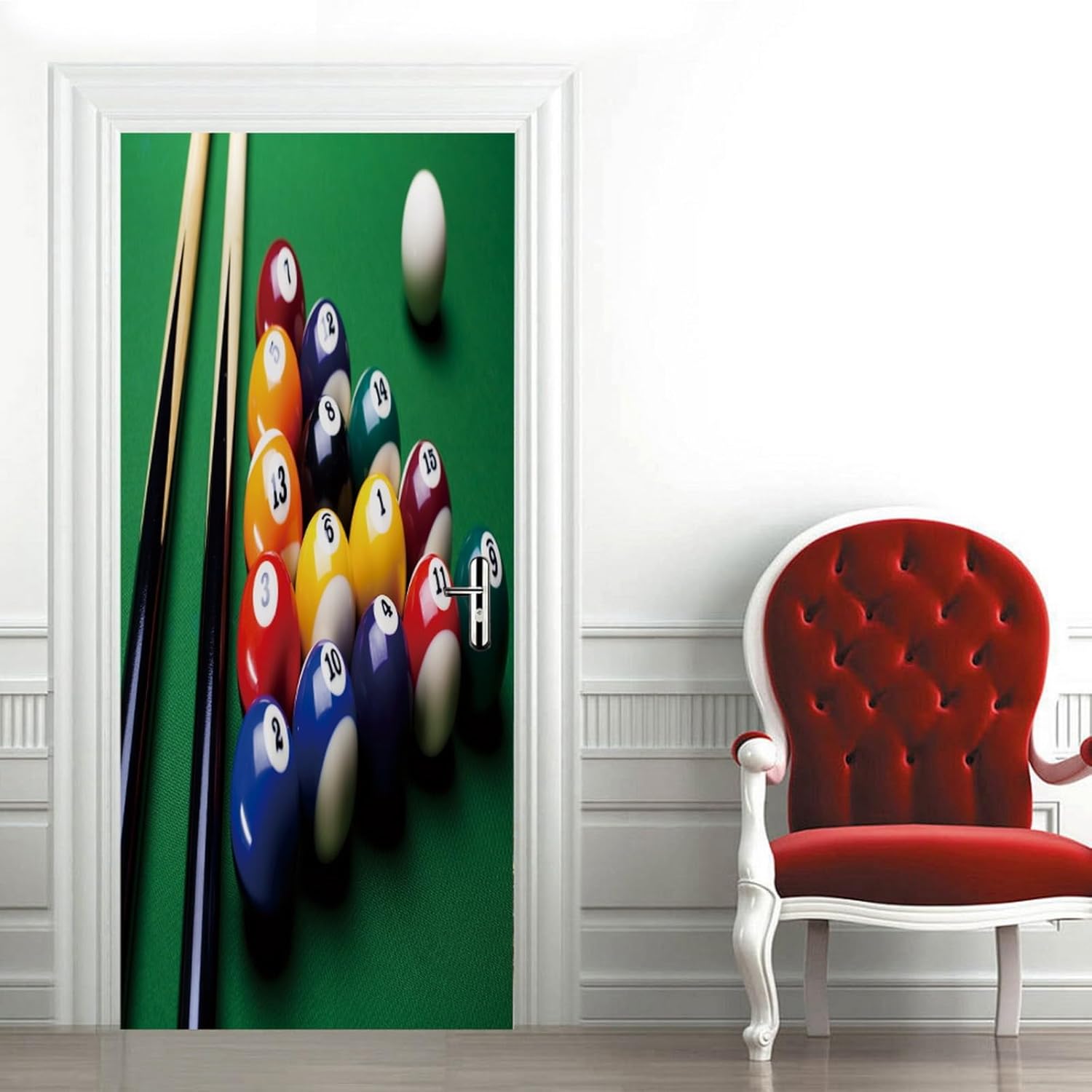 A.Monamour 3D Door Stickers for Interior Doors Billiard Balls and Billiard Cue on Green Table Vinyl Waterproof Self Adhesive Door Mural Decals for Bedroom Office Bathroom 90x200cm