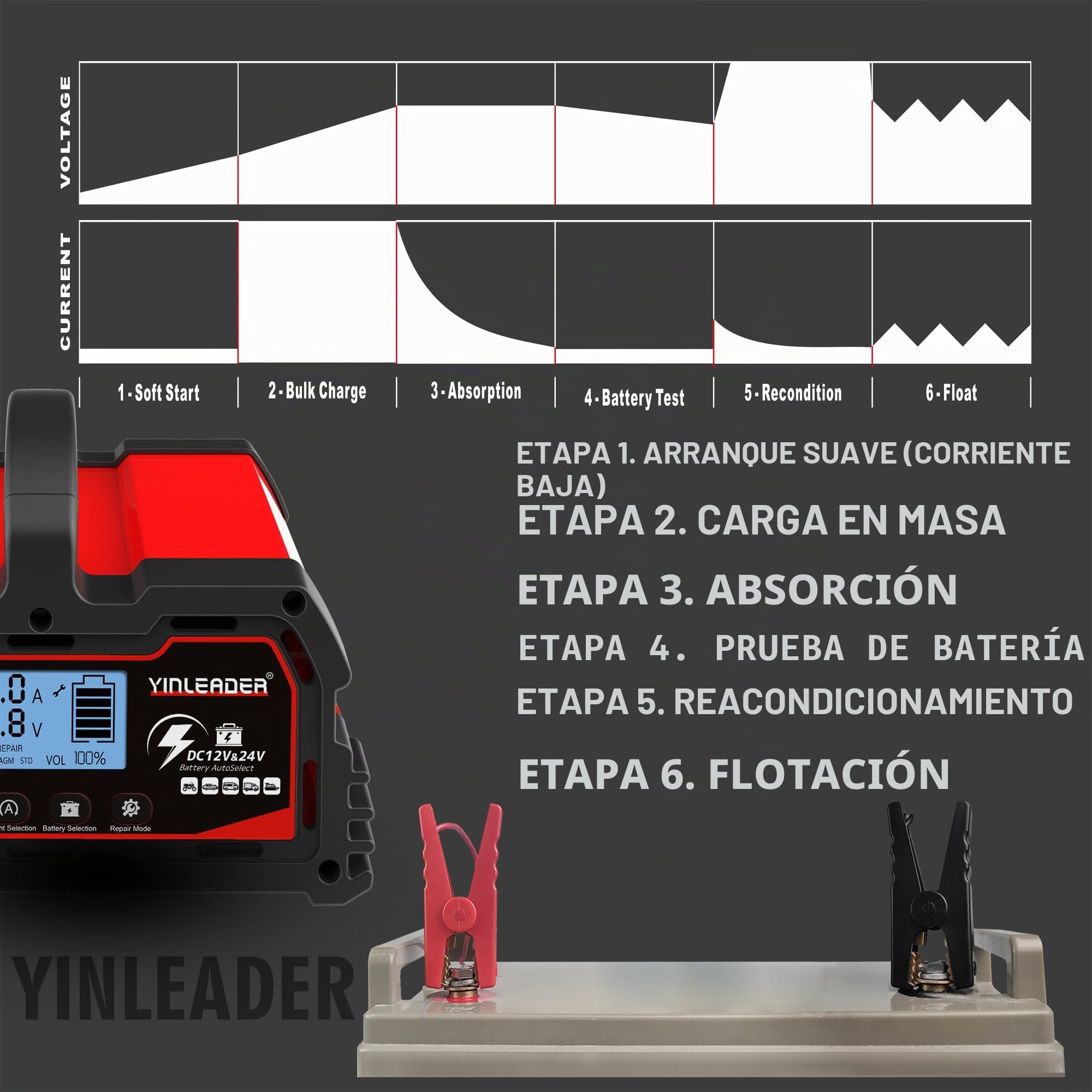 Yinleader Cargador de batería para automóvil 25A 12V/24V 12A/10A/5A Cargador de batería para automóvil Cargador Inteligente con Pantalla LCD, para batería de 12V LiFePO4