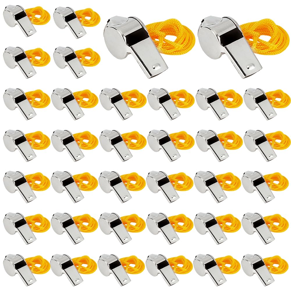 50 silbatos deportivos con cordón, silbatos deportivos de metal de acero inoxidable para árbitro para entrenamiento deportivo, señalización de emergencia y actividades al aire libre