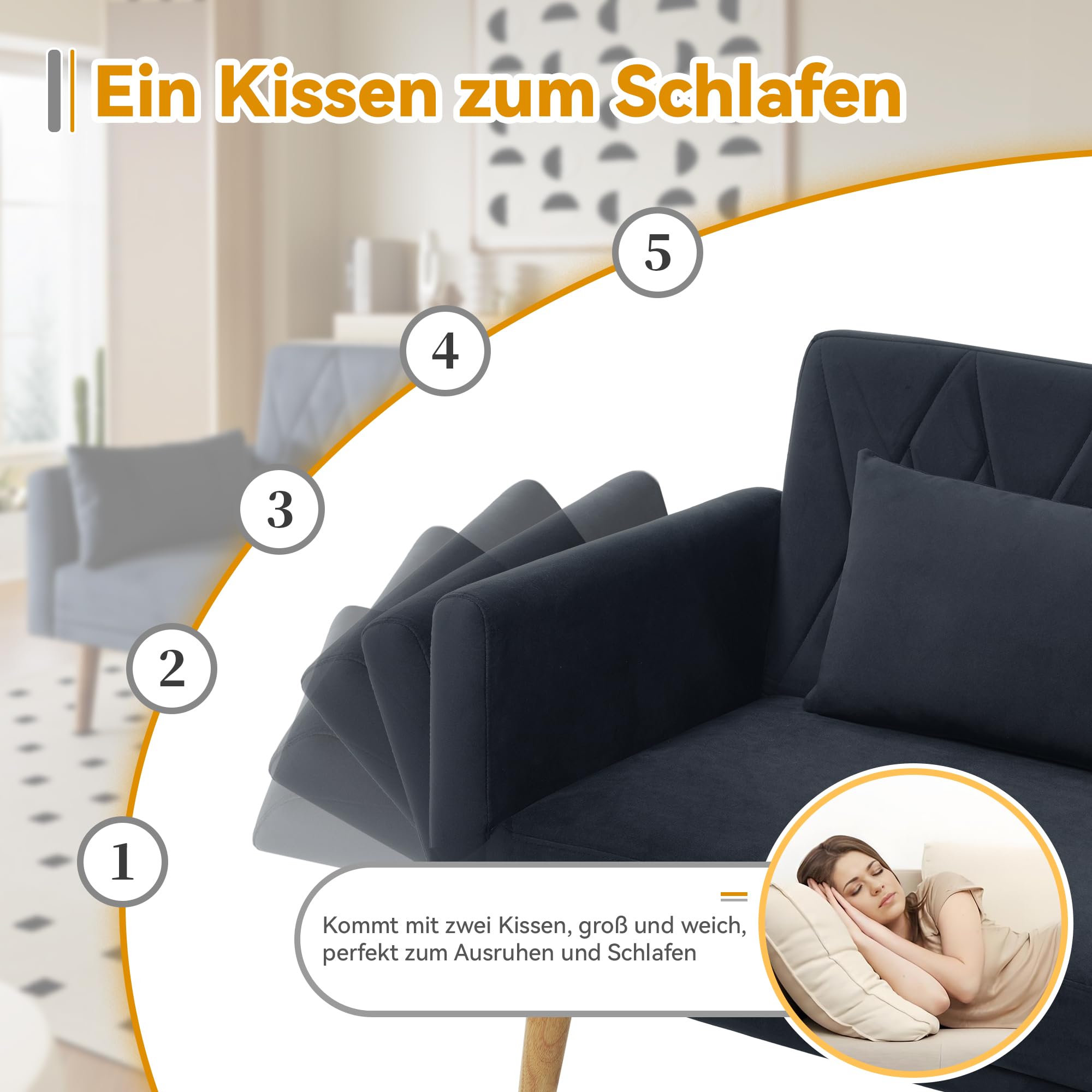 Piccolo divano a due posti con funzione di sonno, divano letto, schienale regolabile, bracciolo, divano a 2 posti, per soggiorno, camera da letto, camera degli ospiti, divano per ragazzi, grigio scuro