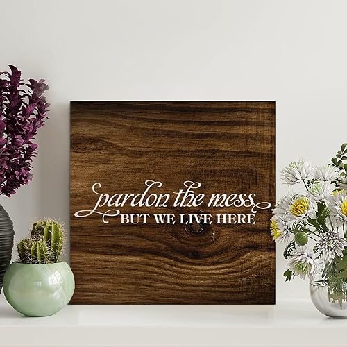 LITTLEGROVE SEEDS Letrero de madera rústica con frase "Pardon The Mess But We Live Here" con citas de 8 x 8 pulgadas, letreros de madera para casa