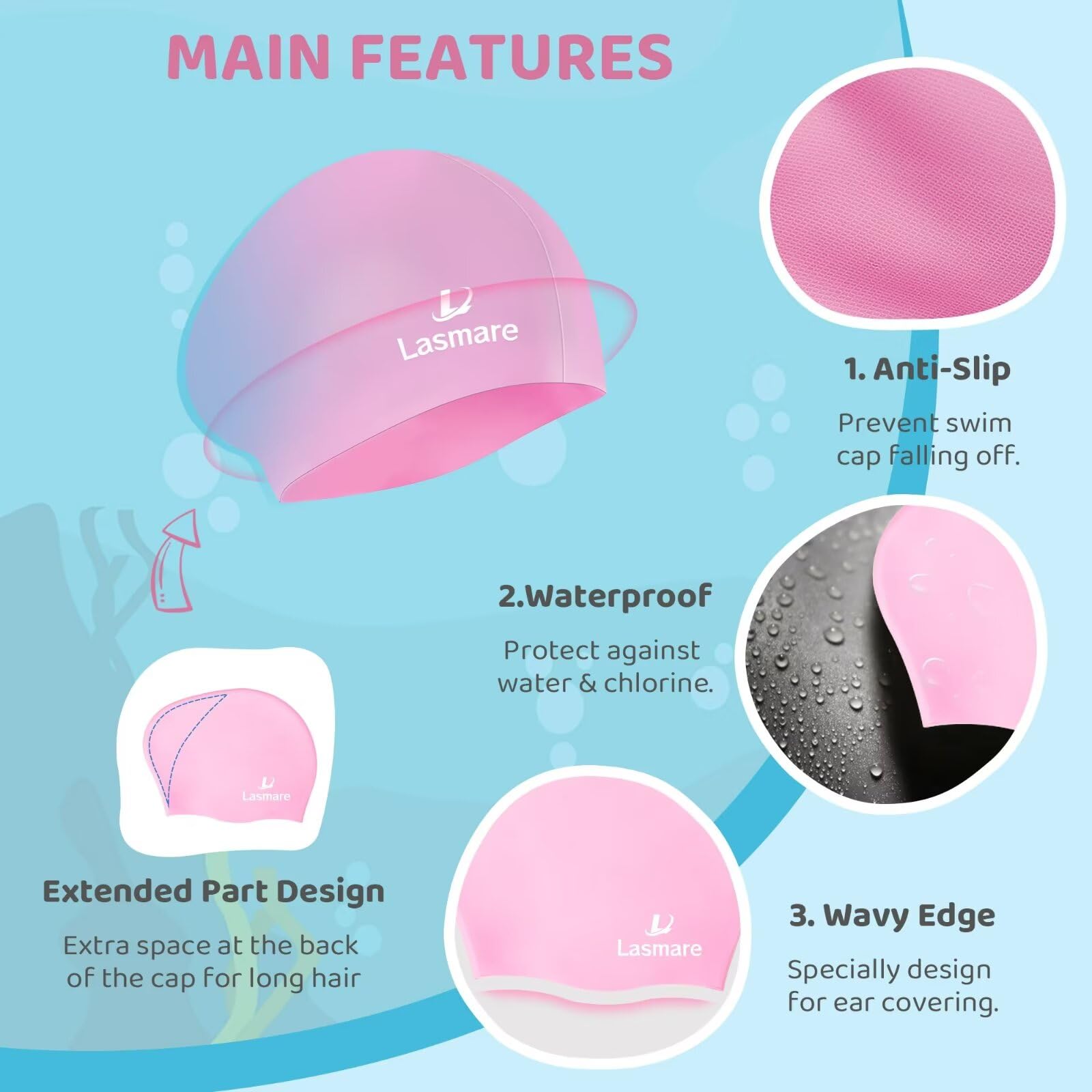 Cuffia Da Nuoto In Silicone Per Bambini Con Capelli Lunghi 3-15 Anni - Set Con Tappi Orecchie E Clip Naso (Rosa, 8-15 Anni)