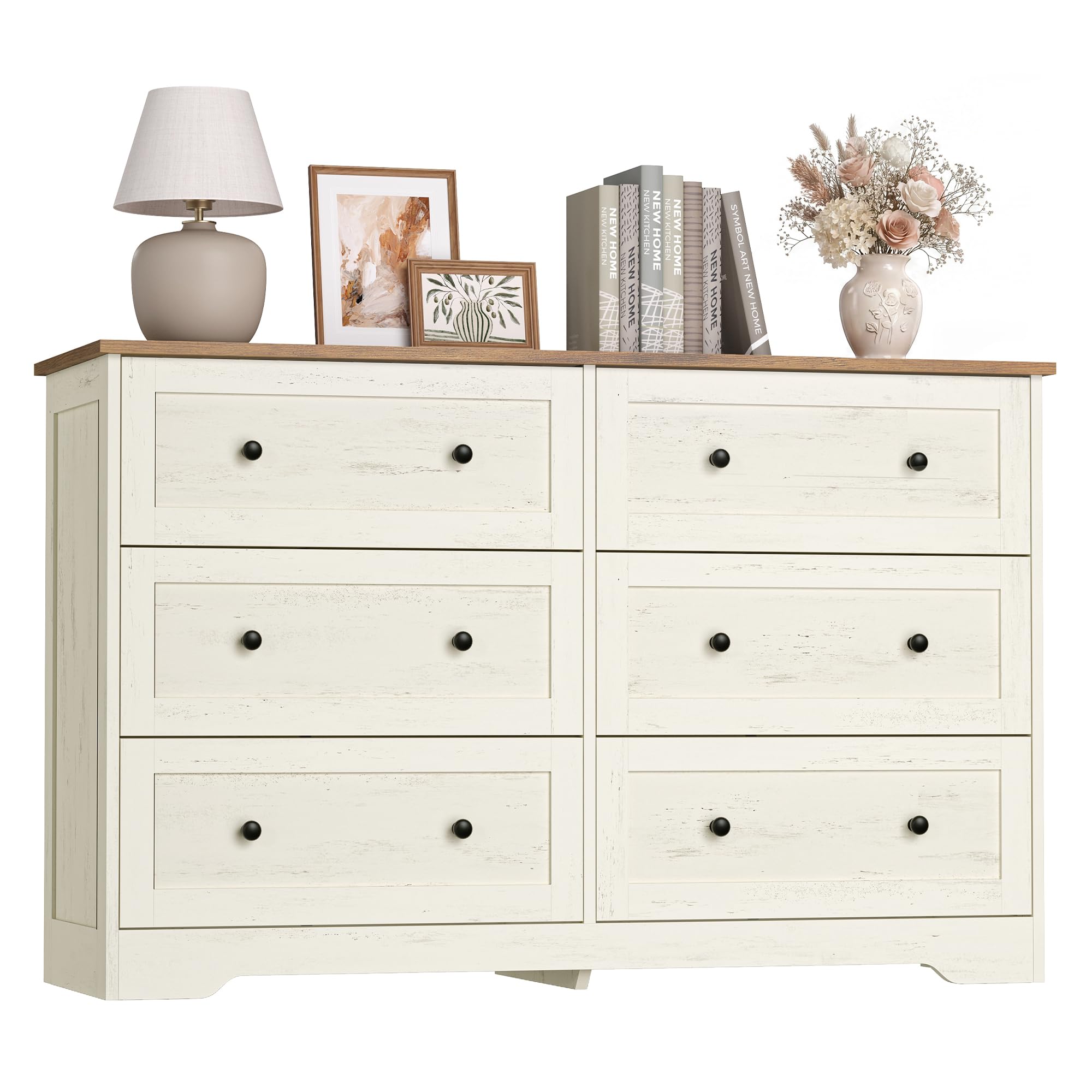 VASAGLE SIREN Collezione - Cassettiera, Mobile Contenitore con Cassetti, Stile Rustico, Organizzatore Versatile, 6 Cassetti, 40 x 120 x 78 cm, Bianco Vintage e Marrone Miele LTS663WJ01