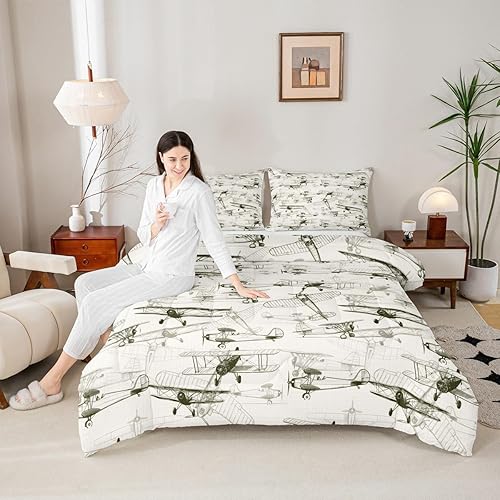 Homewish Juego de edredón de 3 piezas, tamaño King, diseño de avión con bocetos para niños, adolescentes, decoración de dormitorio de cielo,