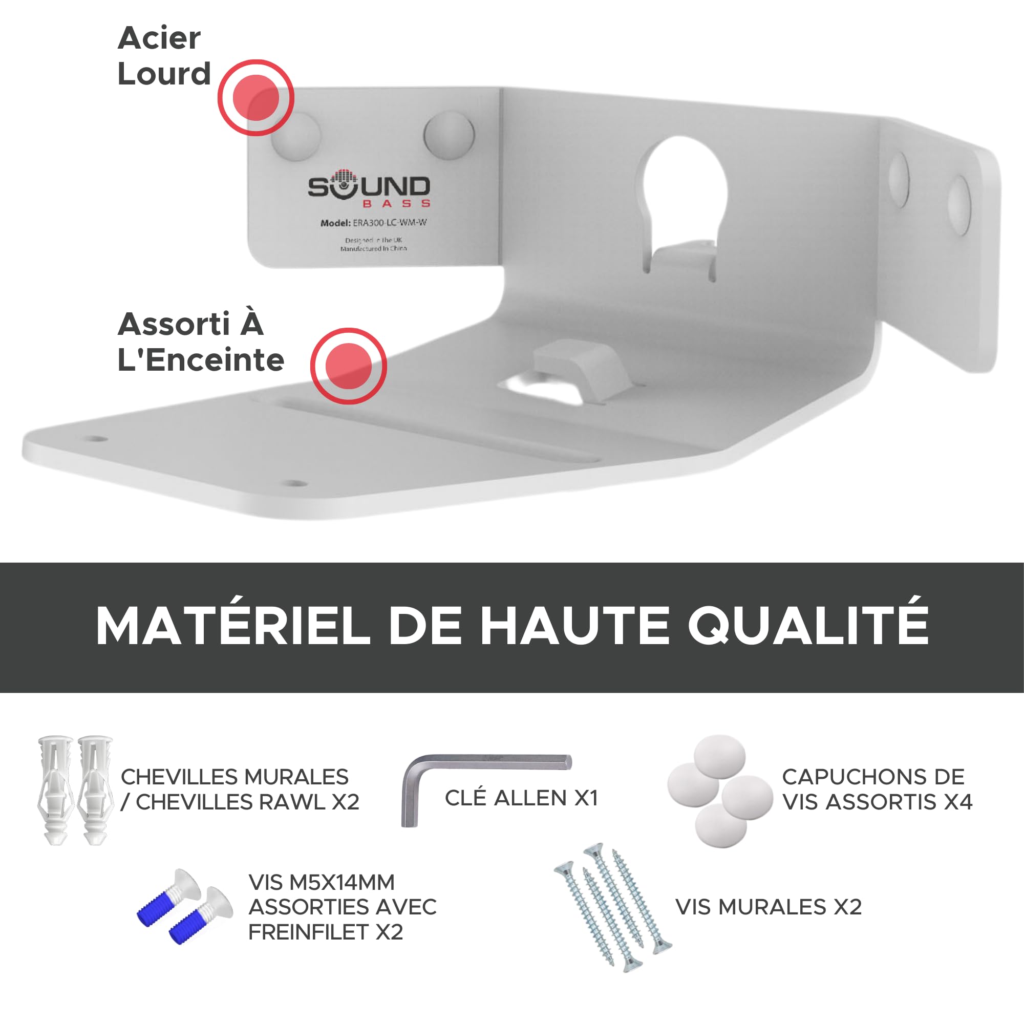Sound Bass Support Mural d’Angle ERA300, Profil Bas, Blanc, Simple