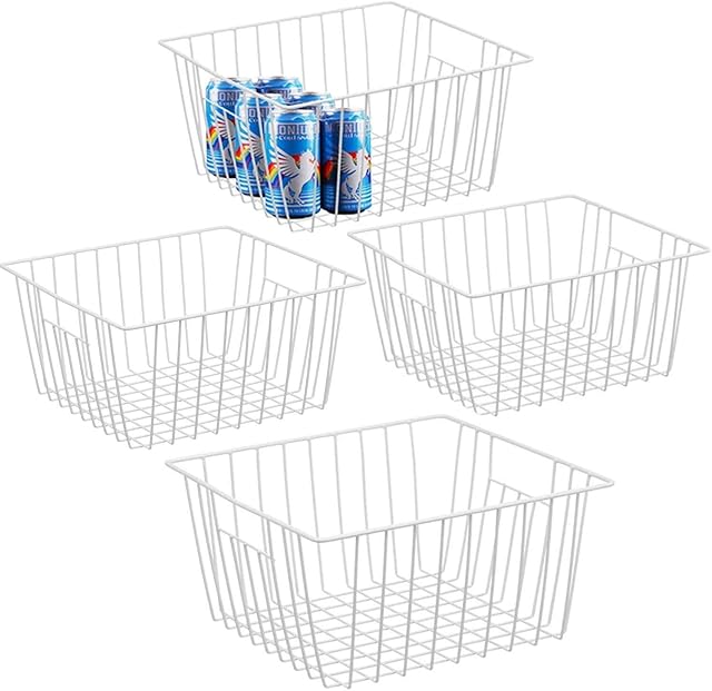 iPEGTOP Refrigerator Chest Freezer Baskets, Large Household Wire Storage Basket Bins Organizer with Handles for Kitchen, Pantry, Freezer, Cabinet, Closets, Pearl White, Set of 4