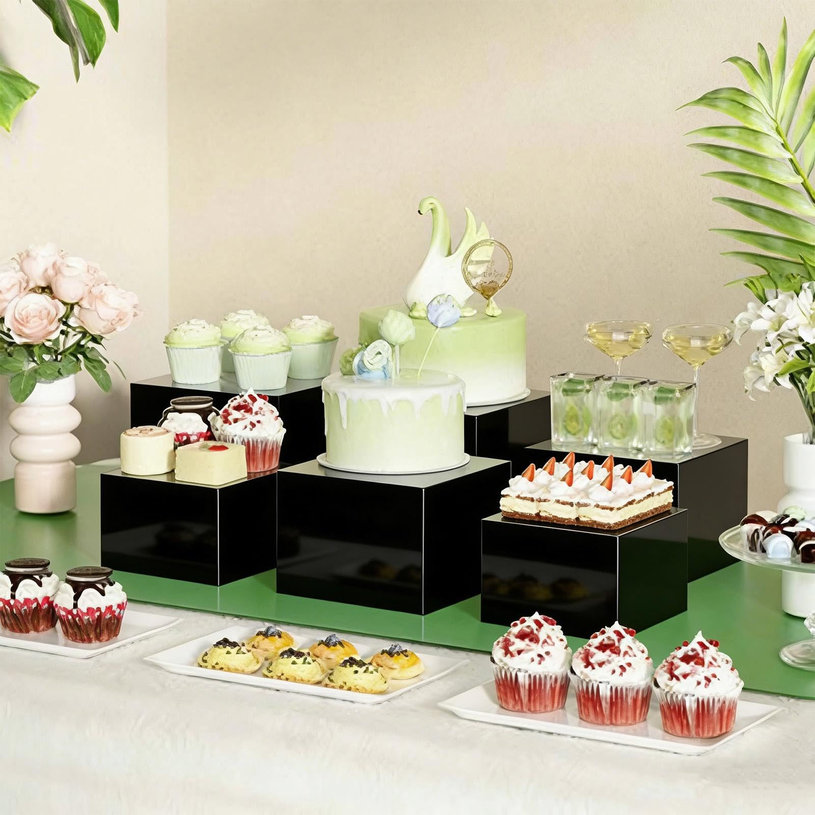 Set di 6 Supporti per Buffet, Scatole Cubiche con Fondo Cavo, Organizer Riutilizzabili per Cibo, Gioielli, Condimenti, caffè, tè, Nero