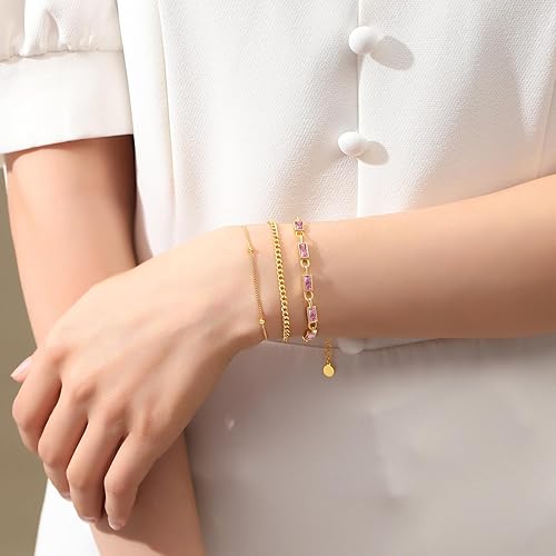 Miniatura 2 de Pulsera de piedra natal de oro para mujer, juego de pulseras chapadas en oro de 18 quilates, pulseras apilables delicadas para mujer, cadena de clip