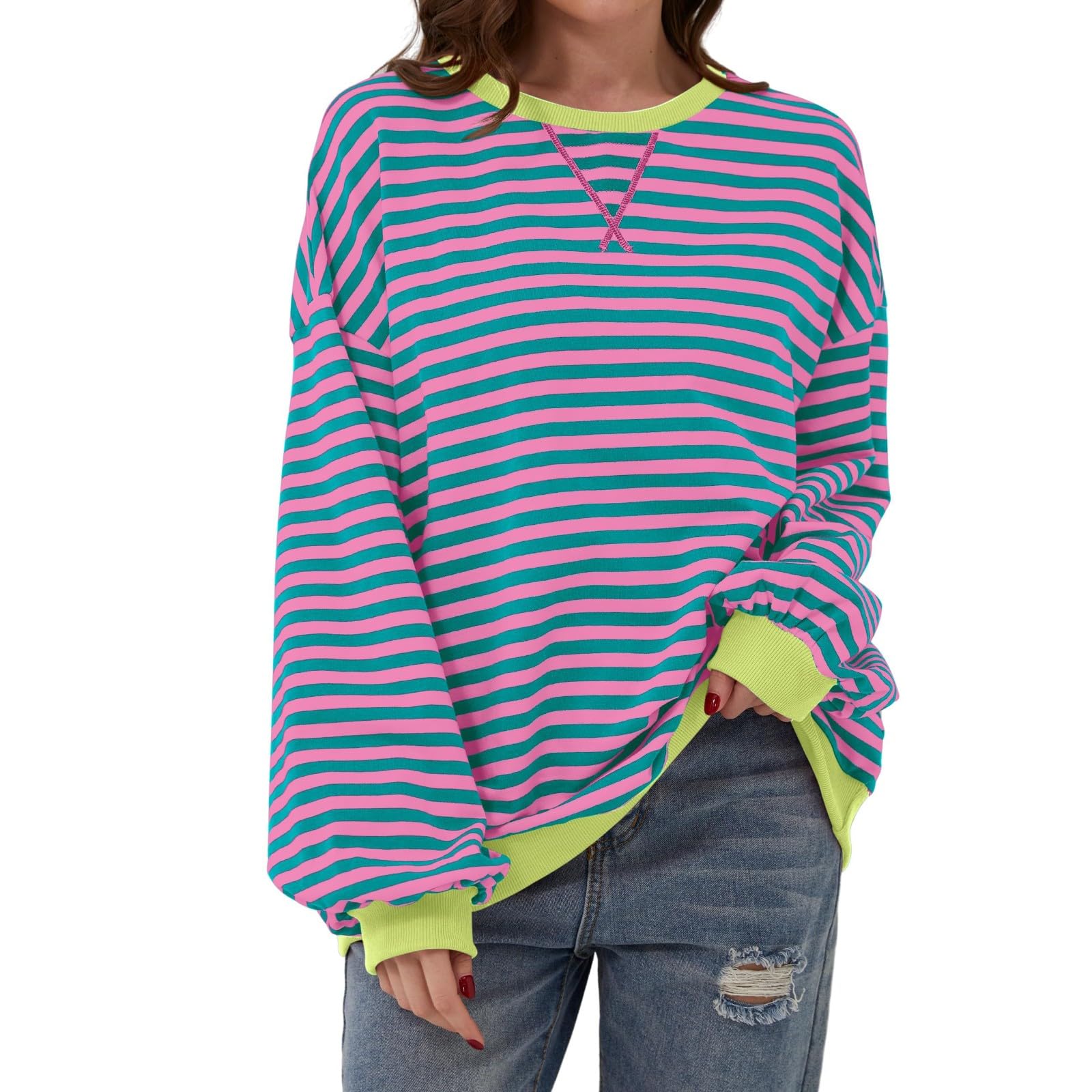 NBXNZWFOversized Sweatshirts for Women Striped Color Block Long Sleeve Round Neck Sports Casual Loose Fitting Pullover Tops