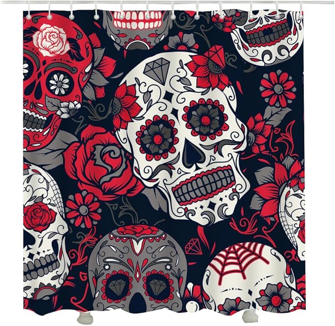 Skull Fabric Shower Curtain Red Flower Colored Sugar Skull Shower Curtain Cloth Fabric Bathroom Decor Set with Hooks 72 x 78 Inch