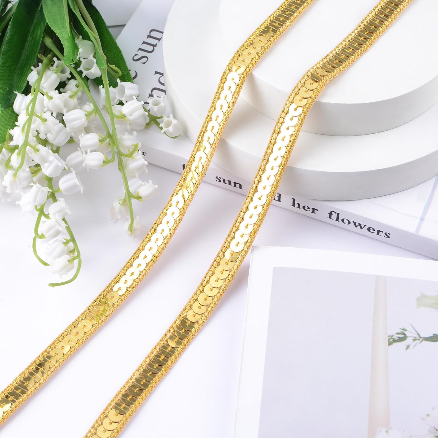 10Yd Gold Sequin Ribbon, Paillette Ribbon Trim Metallic Flat Sequin Trim for Dress Decor Embellishment Headband Sewing Arts Crafts