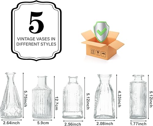 Miniatura 3 de Juego de 5 jarrones de cristal, mini jarrón transparente para centros de mesa a granel, pequeños jarrones de flores vintage para bodas, fiestas,