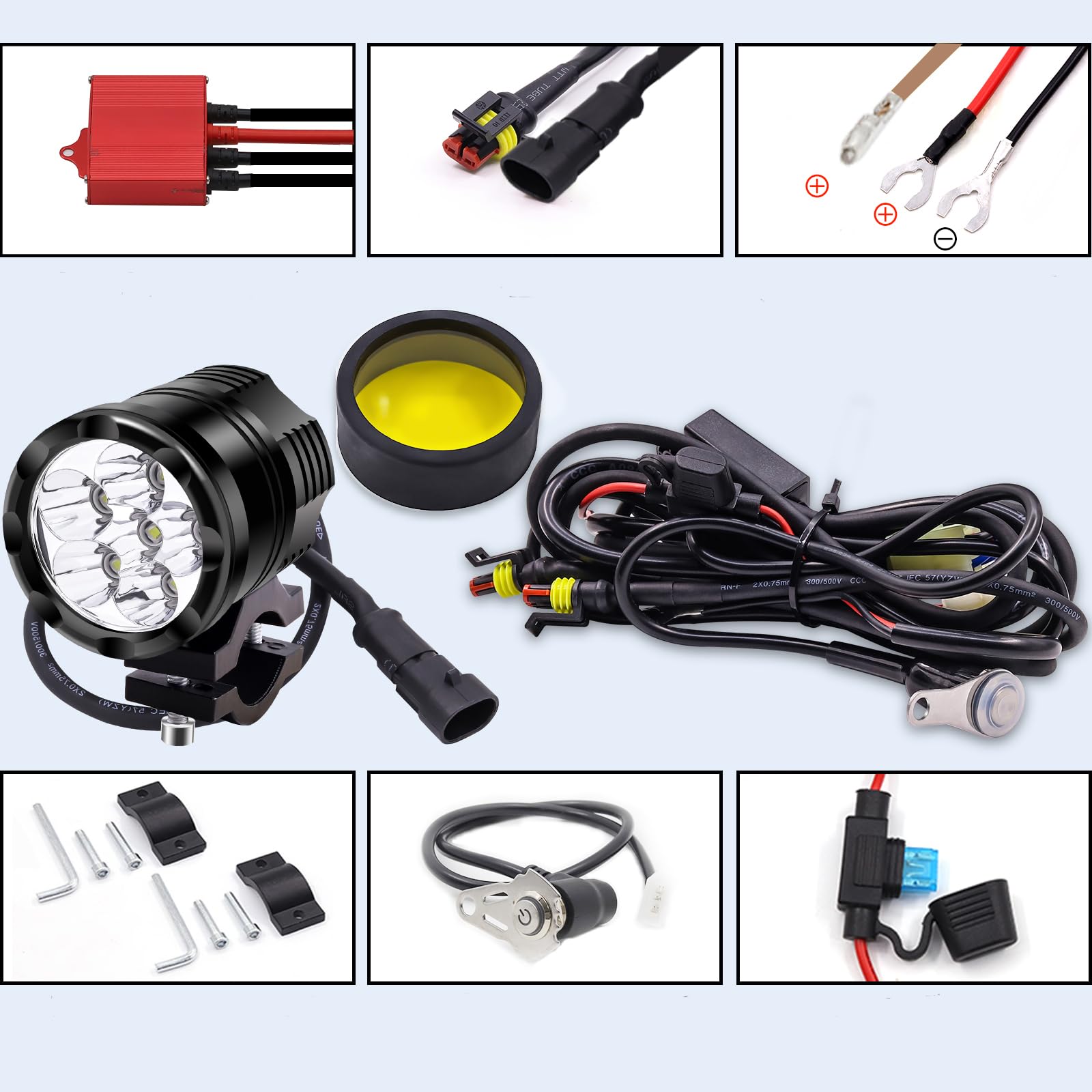feux additionnels moto led, phare led moto, projecteur lampe kit jaune/blanc 12V/24V 60W + Interrupteurs + Housse de Protection + Harnais de Câblage pour, 2Pcs