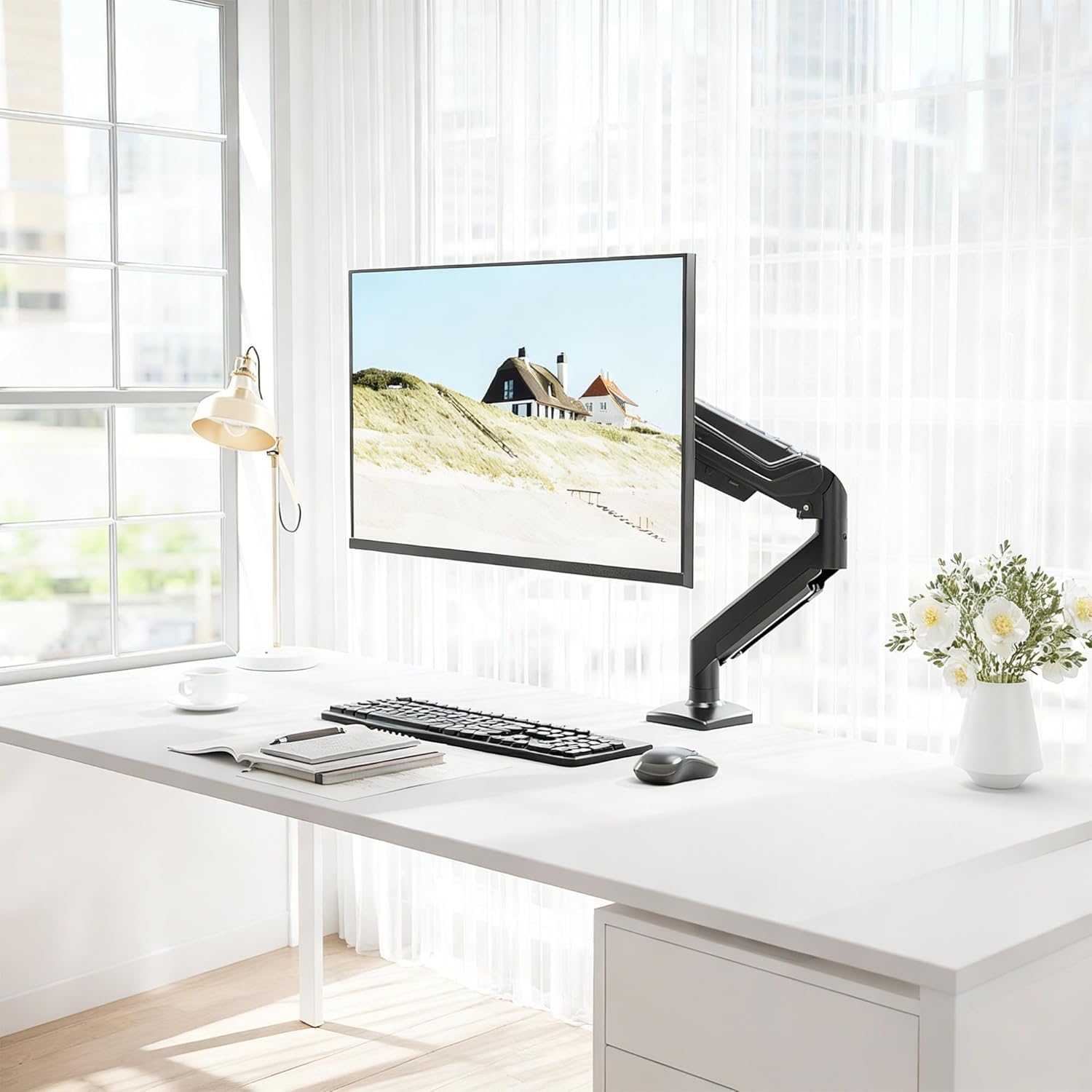 BONTEC Soporte para Monitor 15-34 Pulgadas, Brazo Individual A Gas hasta 12 Kg, VESA 75x75 100x100, Rotación 360°, Altura E Inclinación Ajustable, Soporte De Escritorio Y Mesa con Gestión De Cables