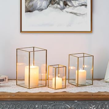 Glasseam Glass Hurricane Candle Holder Set of 3 Gold Square Candle Holders for Pillar Candles Large for Table Centerpiece Wedding Christmas Decorative