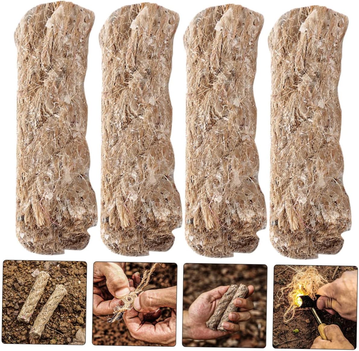 KICHOUSE 4 Pcs Jute Fire Starter Rope Set Waterproof Natural Jute Wick for Outdoor Camping BBQ and Hiking Portable Fire Lighter Tools for Emergency Use