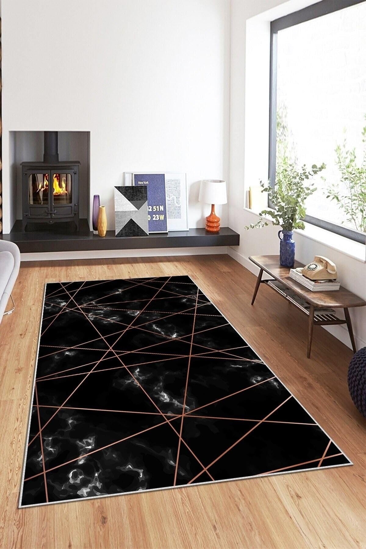 Pelangi Siyah Bordo Çizgili Yıkanabilir Kaymaz Taban Leke Tutmaz Modern Salon Halısı Ve Yolluk, Siyah-Rose Gold 180 x 280, 135807318028005
