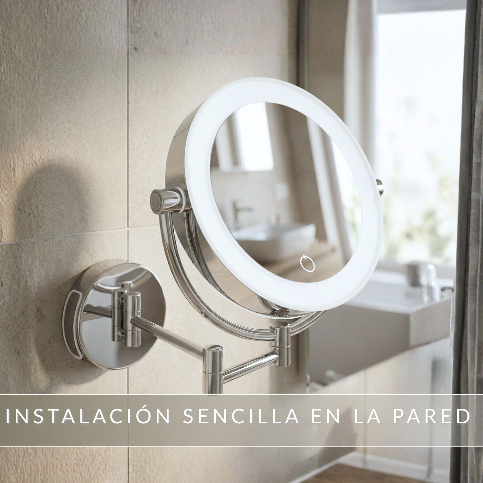 Tokio Espejo de Maquillaje de Aumento XXL de Pared a LED – Aumento 5x/10x con Atenuador y Auto-Off – Brazo Extensible Ø 18,5 cm – Alimentación a Pilas o Cable USB