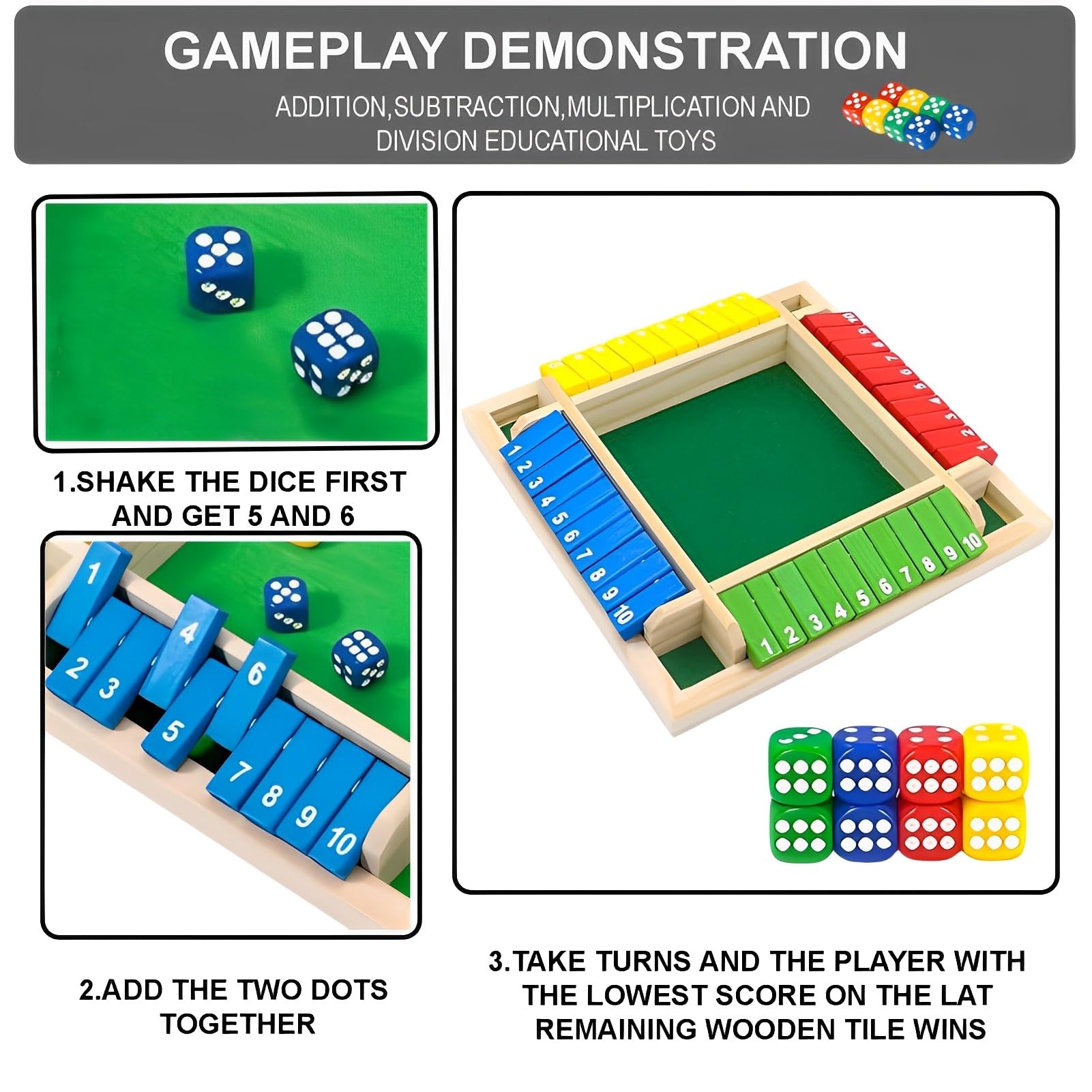 Jeu De Dés En Bois 'Shut The Box' - 4 Joueurs - Éducatif (additions, Multiplications) - Pour Famille Et Enfants
