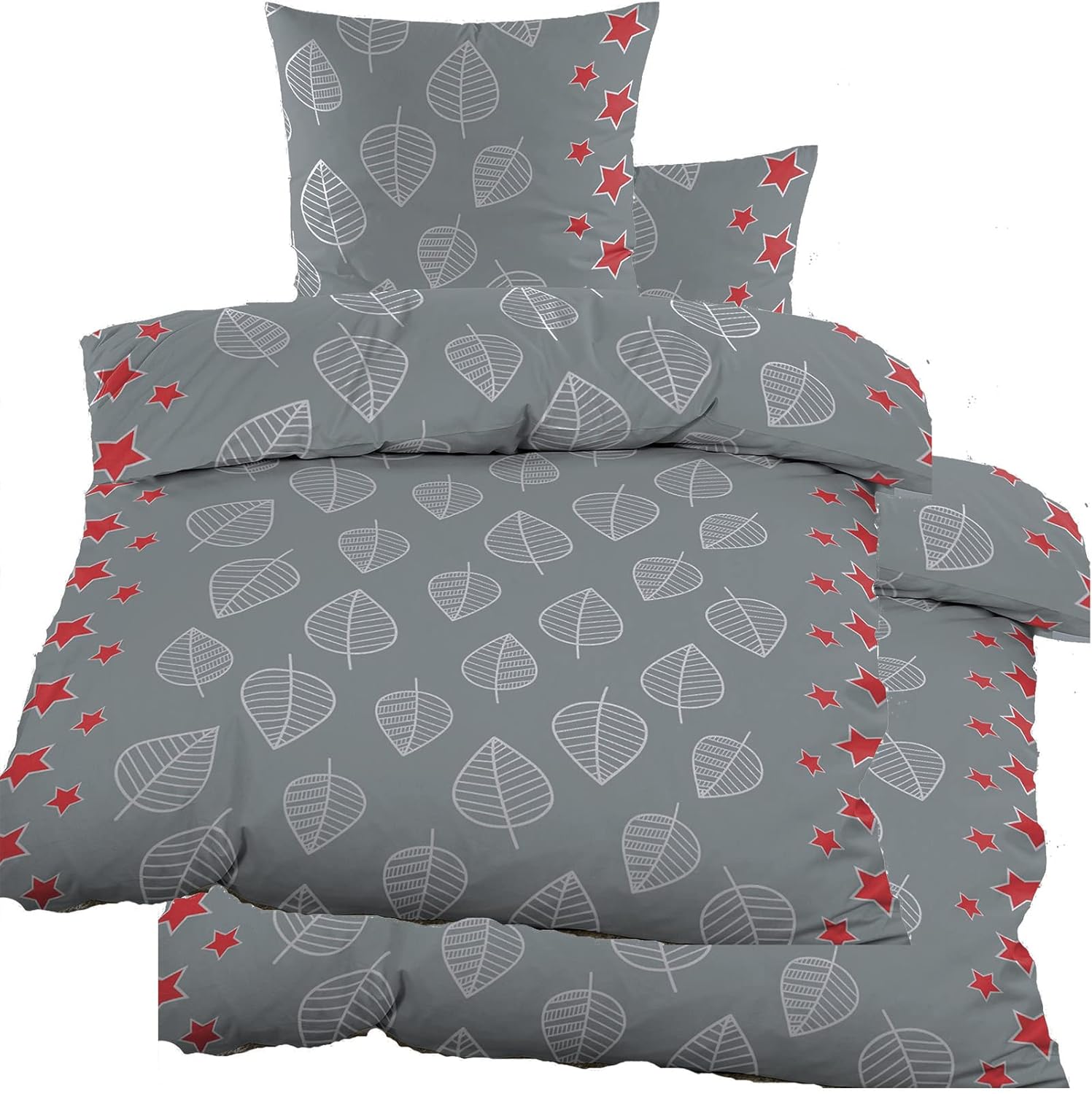 4-Piece Flannelette Winter Bed Linen 2X (135 x 200 + 80 x 80 cm), Leaves and Stars, Grey Red Silver, 100% Cotton
