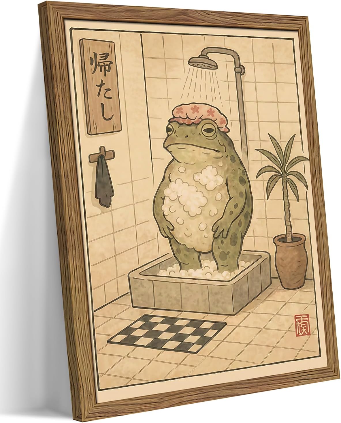 Framed Vintage Frog Bathroom Wall Art, Funny Cute Green Frog in Bubble Bath Canvas Prints, Japanese-Style Retro Cartoon Animal Artwork, Whimsical Wall Decor for Dorm Apartment Toilet 12x16in
