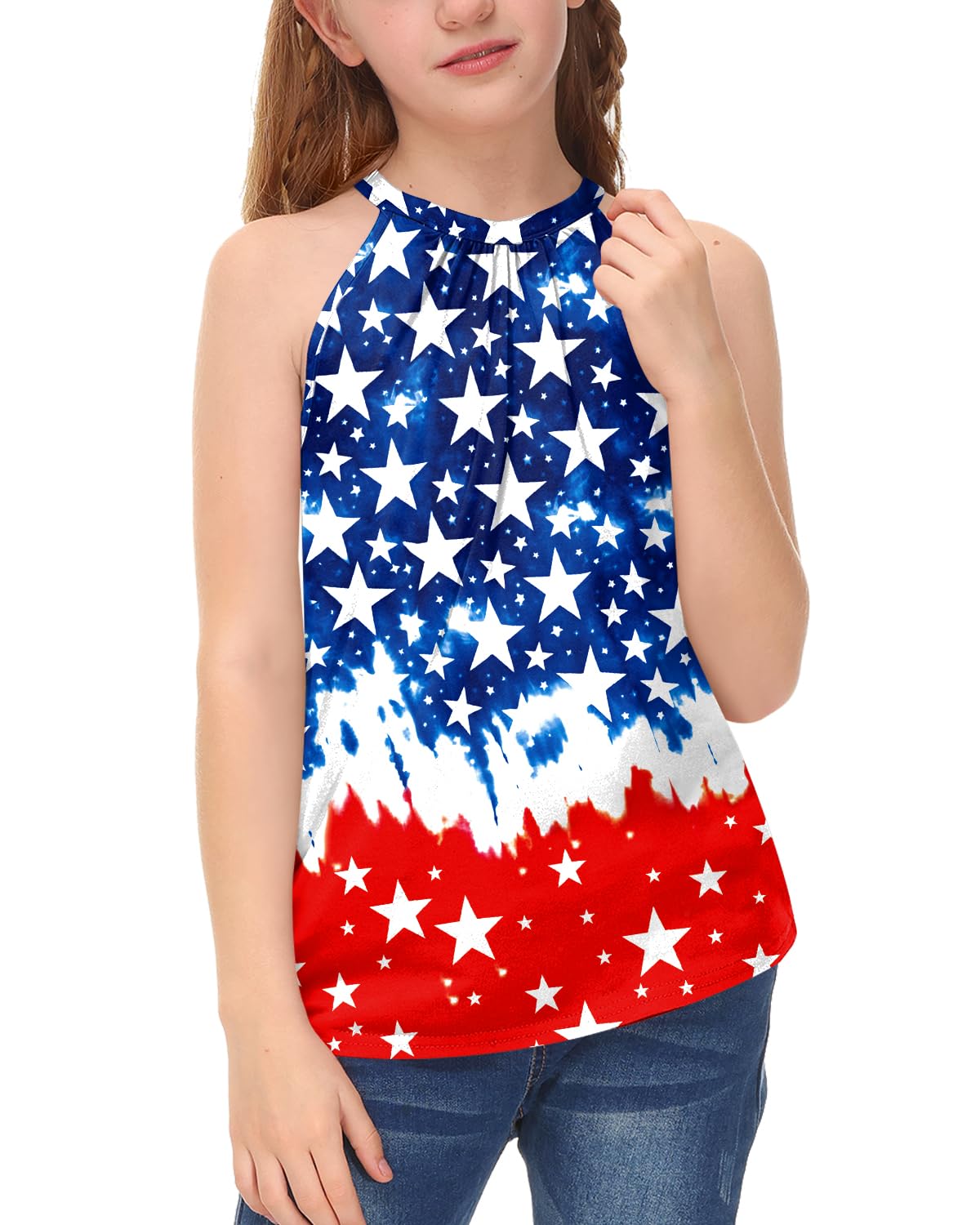 BesserBay Girls Summer Back Button Halter Neck Tank Top Cold Shoulder Casual Blouse Pleated Sleeveless Shirts 5-14 Years