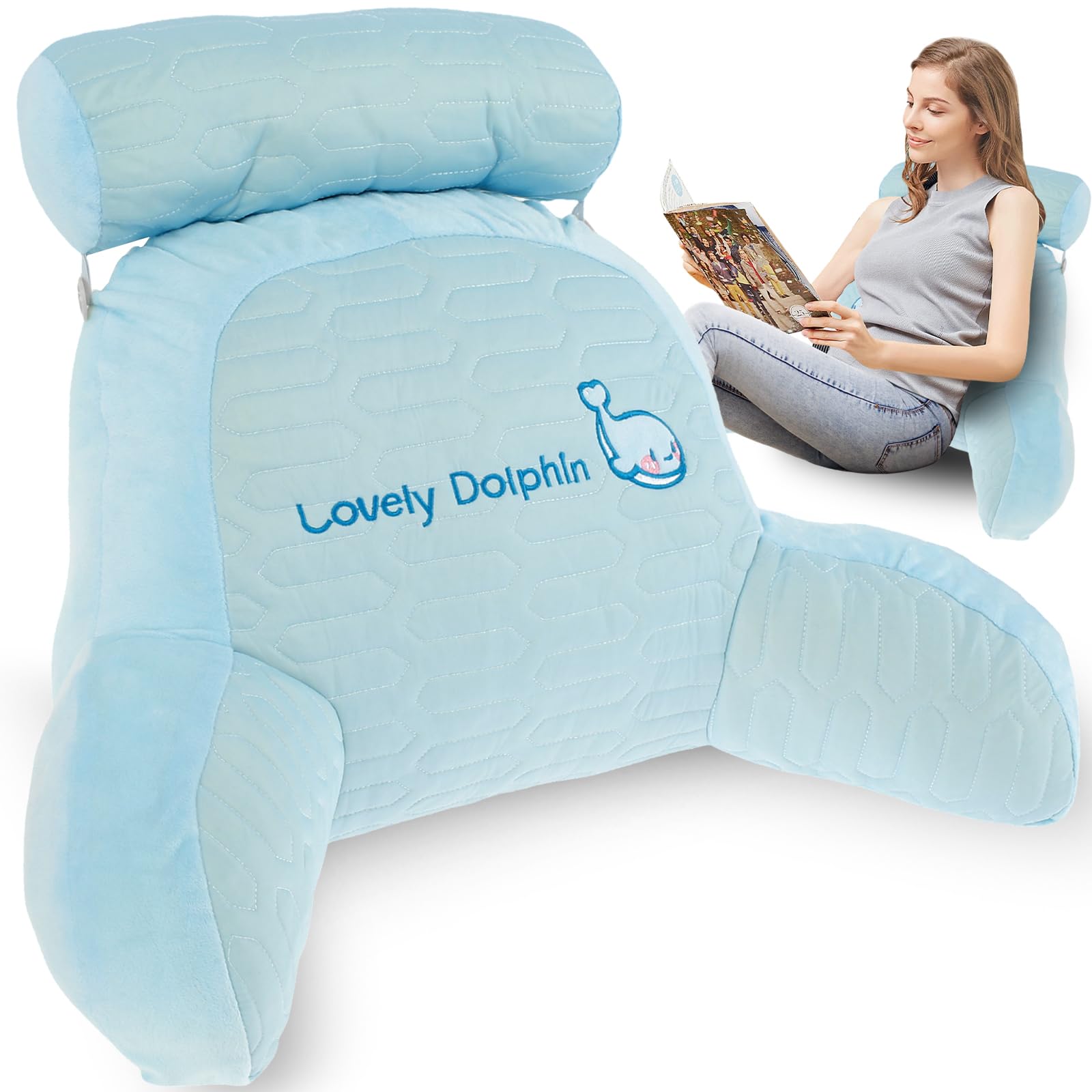 Rhaiqbvc Latex Whale Reading Pillow For Bed Comfortable Reading Cushion Back Support With Arm Multifunctional Detachable Backrest Pillow Washable Support Rest Pillow For Reading Relaxing Watching Tv