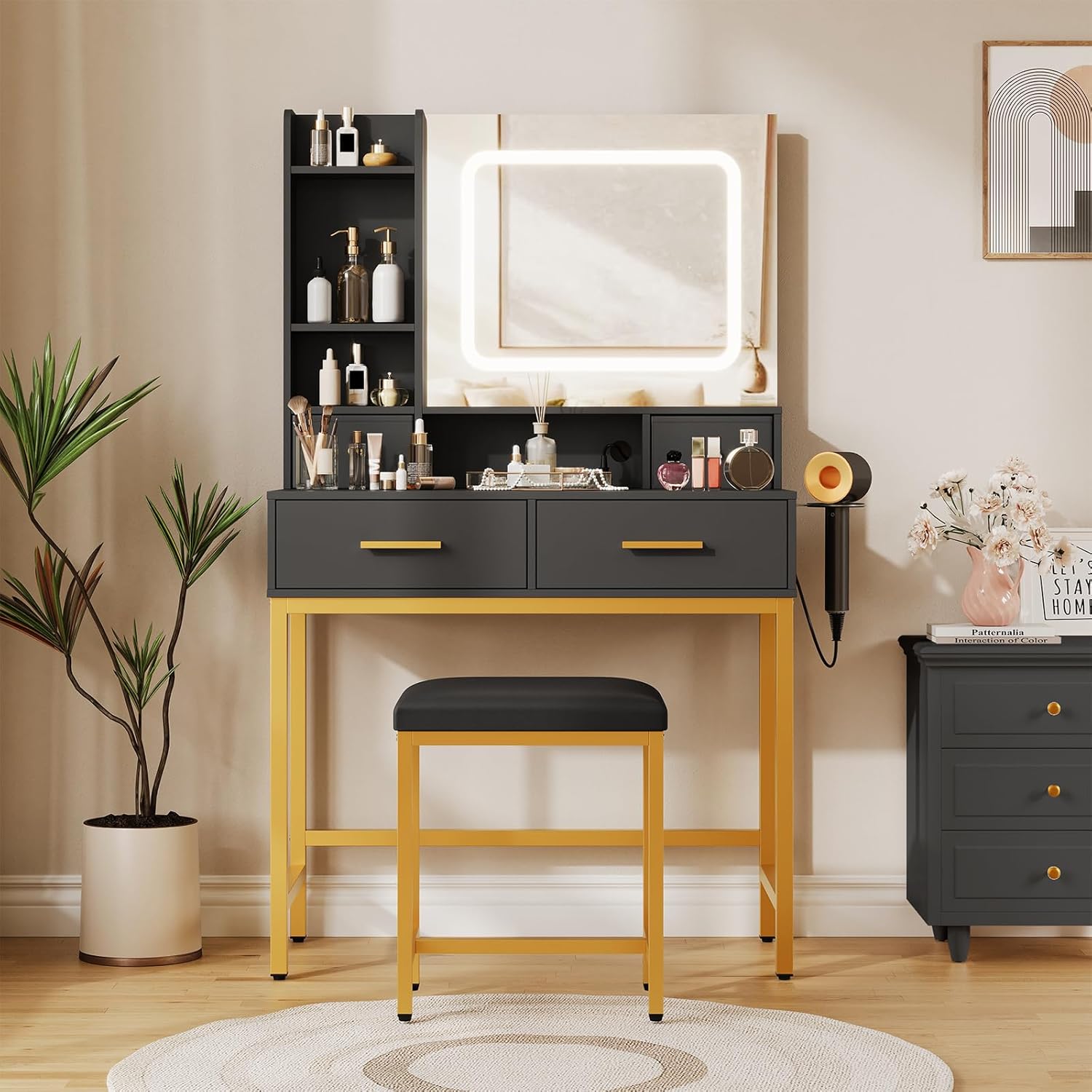 Makeup Vanity Desk with Mirror and Lights, Makeup Vanity Desk with Lights 3 Colors, 4 Drawers, 2 Storage Shelves, Built-In Charging Station, White Vanity Table w/ LED Light for Bedroom, Dressing Room