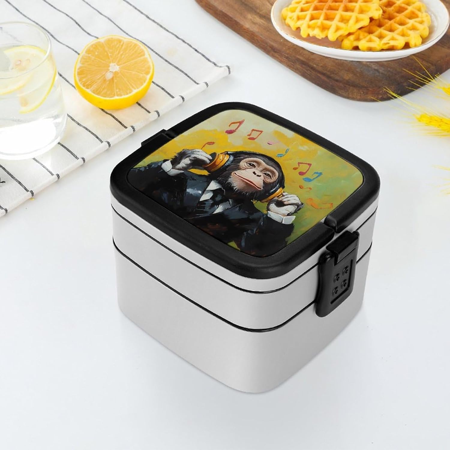 Monkey Music with Headphones Bento Box with Spoon 2 Layer Food Container Cute Lunch Box for Travel Dining Work