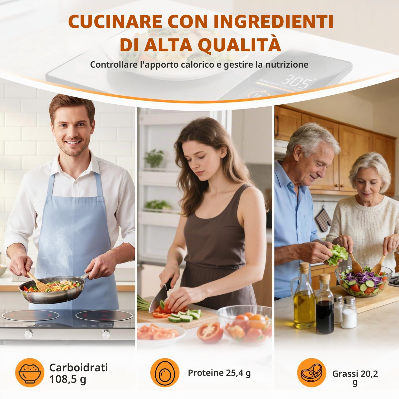 Bilancia da cucina intelligente con calcolo dei valori nutrizionali, bilancia da cucina smart con 24 analisi dei valori nutrizionali, bilancia da cucina con app gratuita e supporto Bluetooth, supporta