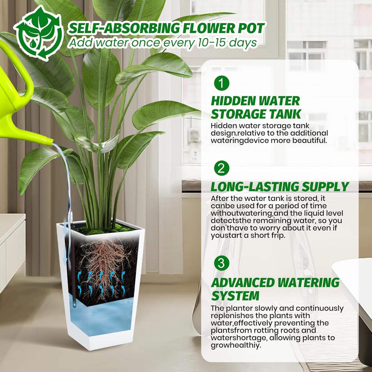 Lot de 2 pots de fleurs - Hauteur : 41 cm - Système d'arrosage
