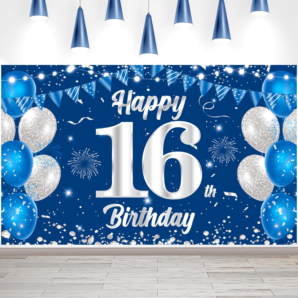 Happy Birthday Backdrop Banner Boys Girls 16th Birthday Decorations Blue and Silver 16th Party Decor Supplies Outdoor Indoor Decoration Banner Background Poster Photo Booth Props Supplies