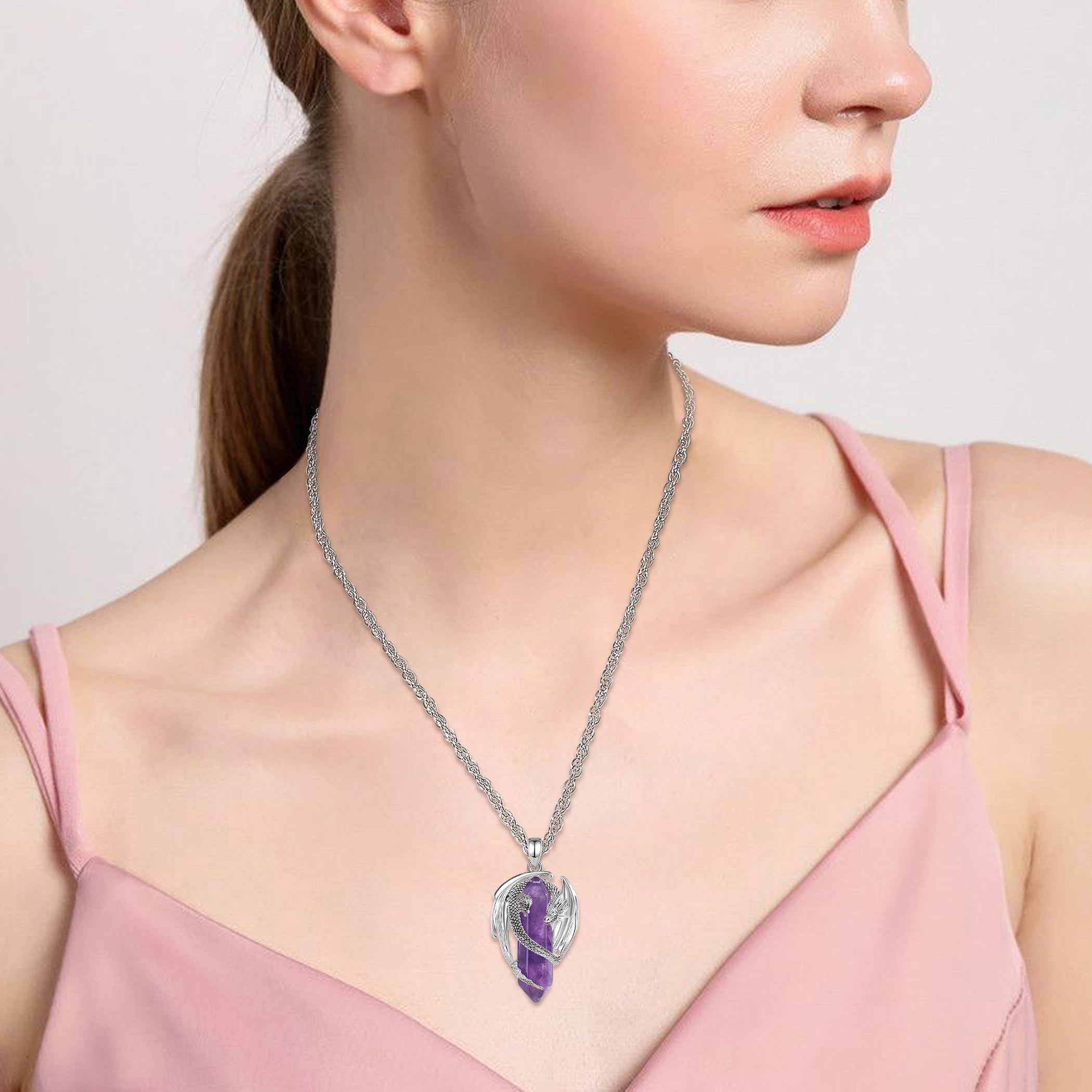 AEONSLOVE Collana Drago Vichingo con Cristallo, Ciondolo Drago con Ossidiana Pietra Occhio di Tigre Collana Ametista Corniola per Uomo Donna Gioielli Cristalli Chakra Regalo Cristalloterapia