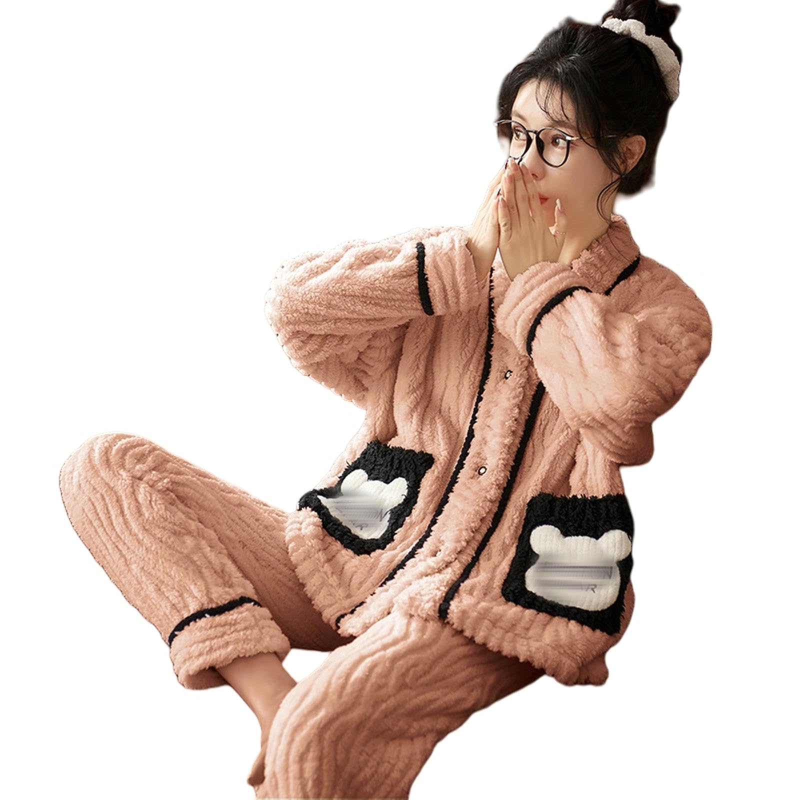 Pigiama Pigiami in Pila di Corallo Che Le Donne Inverno Gli Abiti da Casa Possono Essere Indossati all'Esterno Set di Pigiami in Stile Delicato Addensato-Colore in Pasta di Fagioli-2Xl