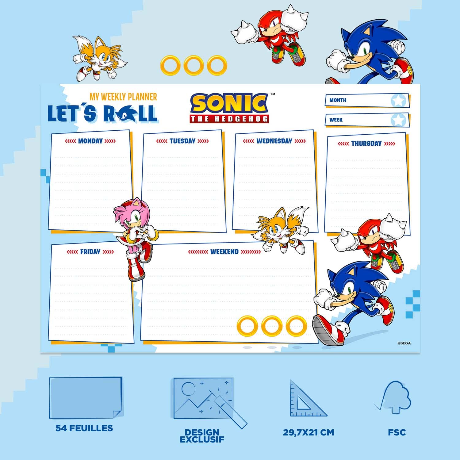 Grupo Erik - Bloc Notes A4 Semainier Sonic | Sous-Main Bureau, Planner Hebdomadaire | Papeterie de Bureau, Planificateur, To Do List, Blocs Mémo, Fournitures Scolaires