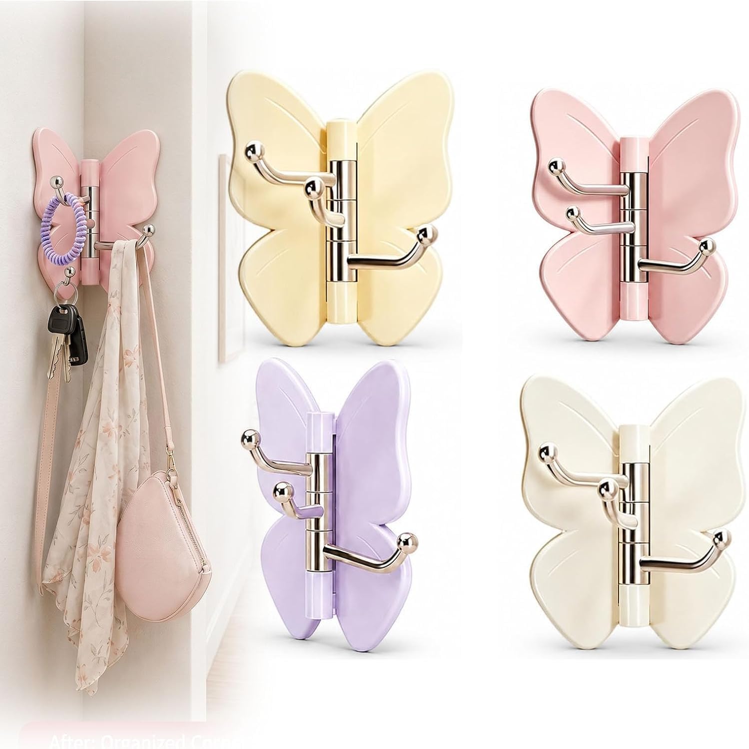 Butterfly Wall Hook with 3 Rotating Hooks | Self Adhesive Foldable Key Holder Hook | 180° Swivel Wall Mounted Hanger for Keys, Towels, Bags, Kitchen, Bathroom & Bedroom, Multicolour (2pcs)-image-14