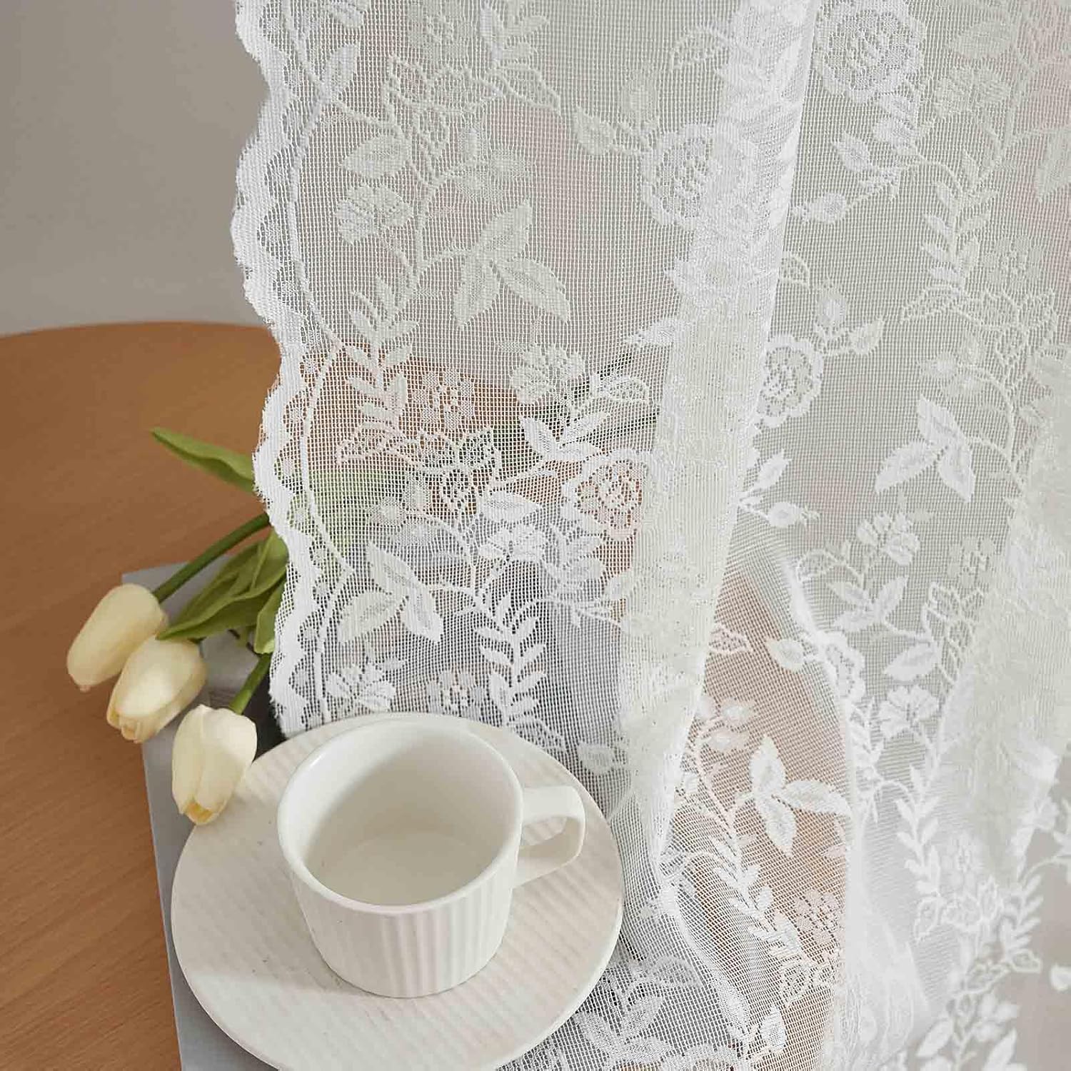 FINECITY Extra Long Sheer Lace Curtains 120 Inches Long, Vintage Rustic Leaf Floral Knitted Lace Curtains for Living Room, Rod Pocket Privacy Lace Window Curtain Panels, 52 x 120 Inch, 2 Panels, Ivory